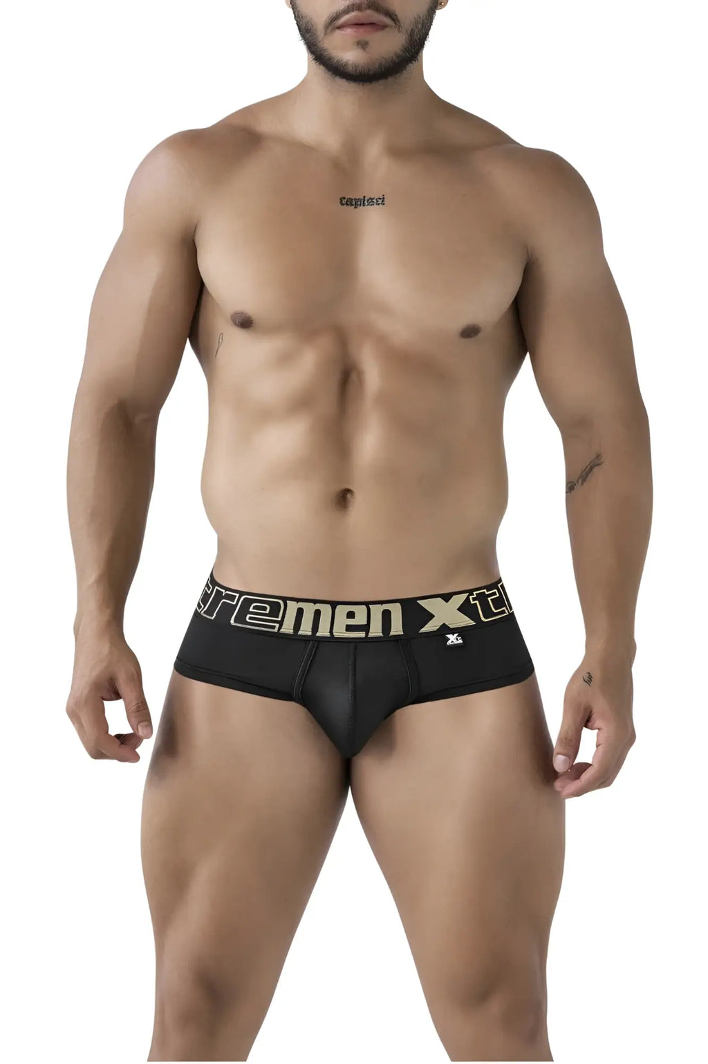 Black xtremen 41316 microfiber briefs featuring a gold and white xtreme men xt waistband logo