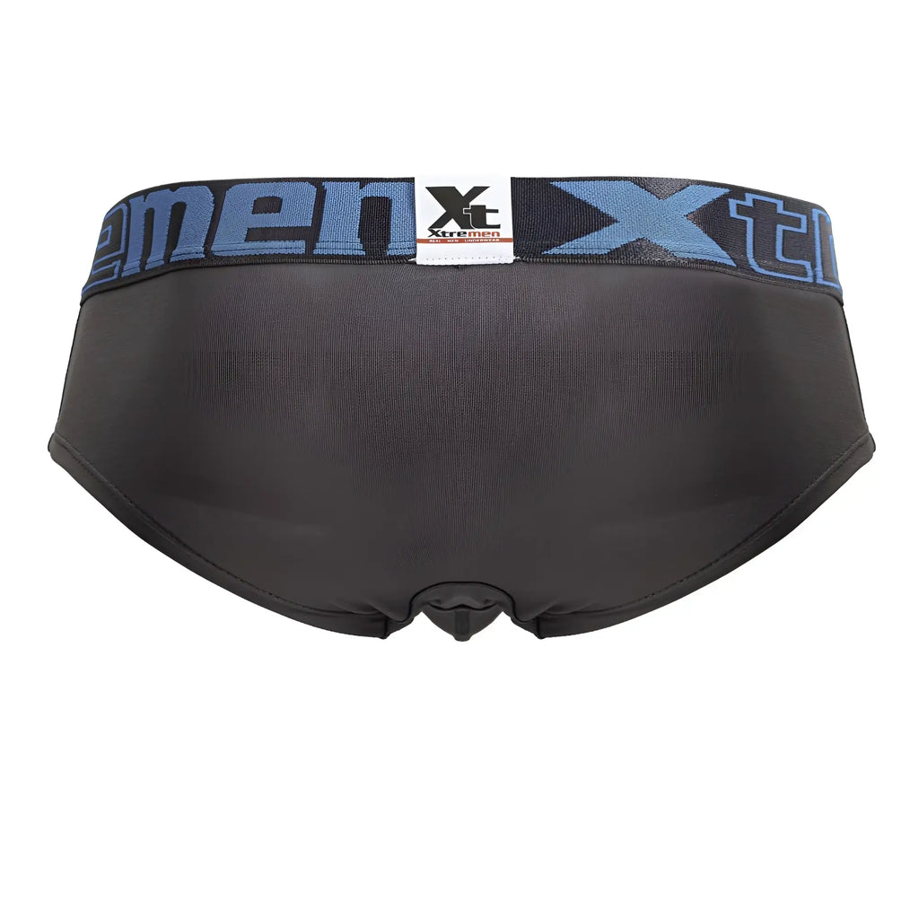 Black xtremen 41316 microfiber briefs with gray color and blue black elastic waistband featuring the brand logo