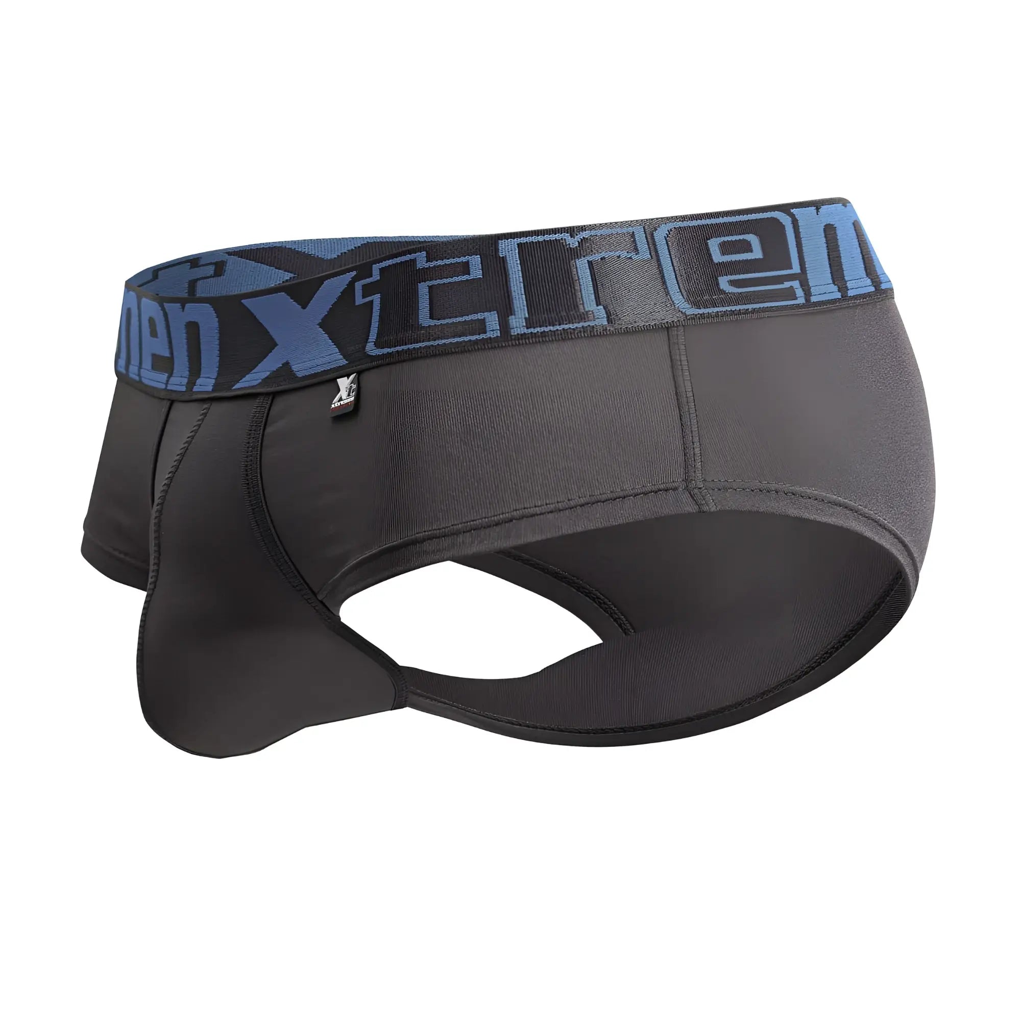 Black men’s microfiber briefs gray with blue xtreme waistband featuring brand logo for comfortable daily wear