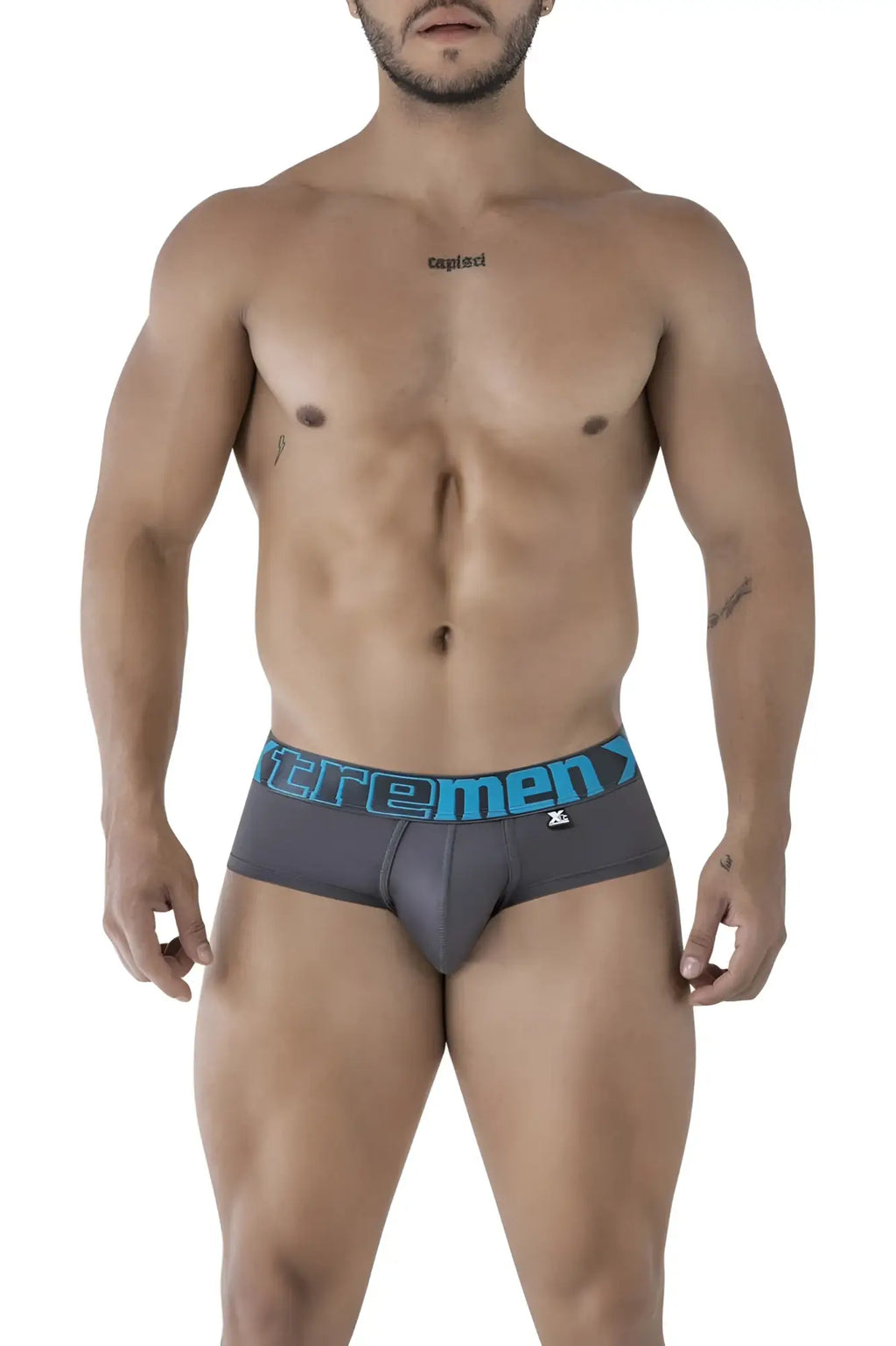 Gray xtremen 41316 microfiber briefs with a blue elastic waistband featuring the extrememen logo in bold lettering