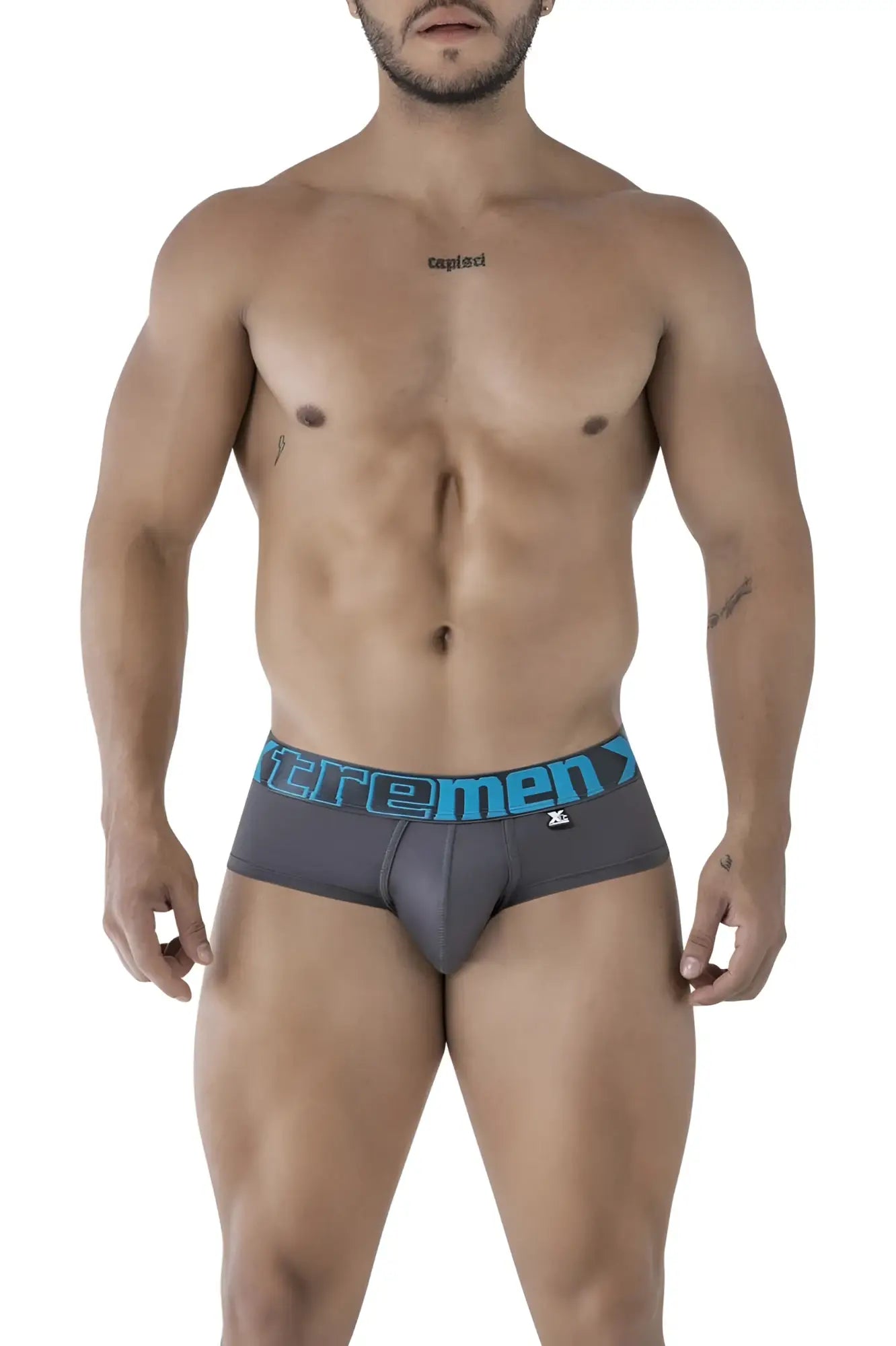 Gray xtremen 41316 microfiber briefs with a blue elastic waistband featuring the extrememen logo in bold lettering
