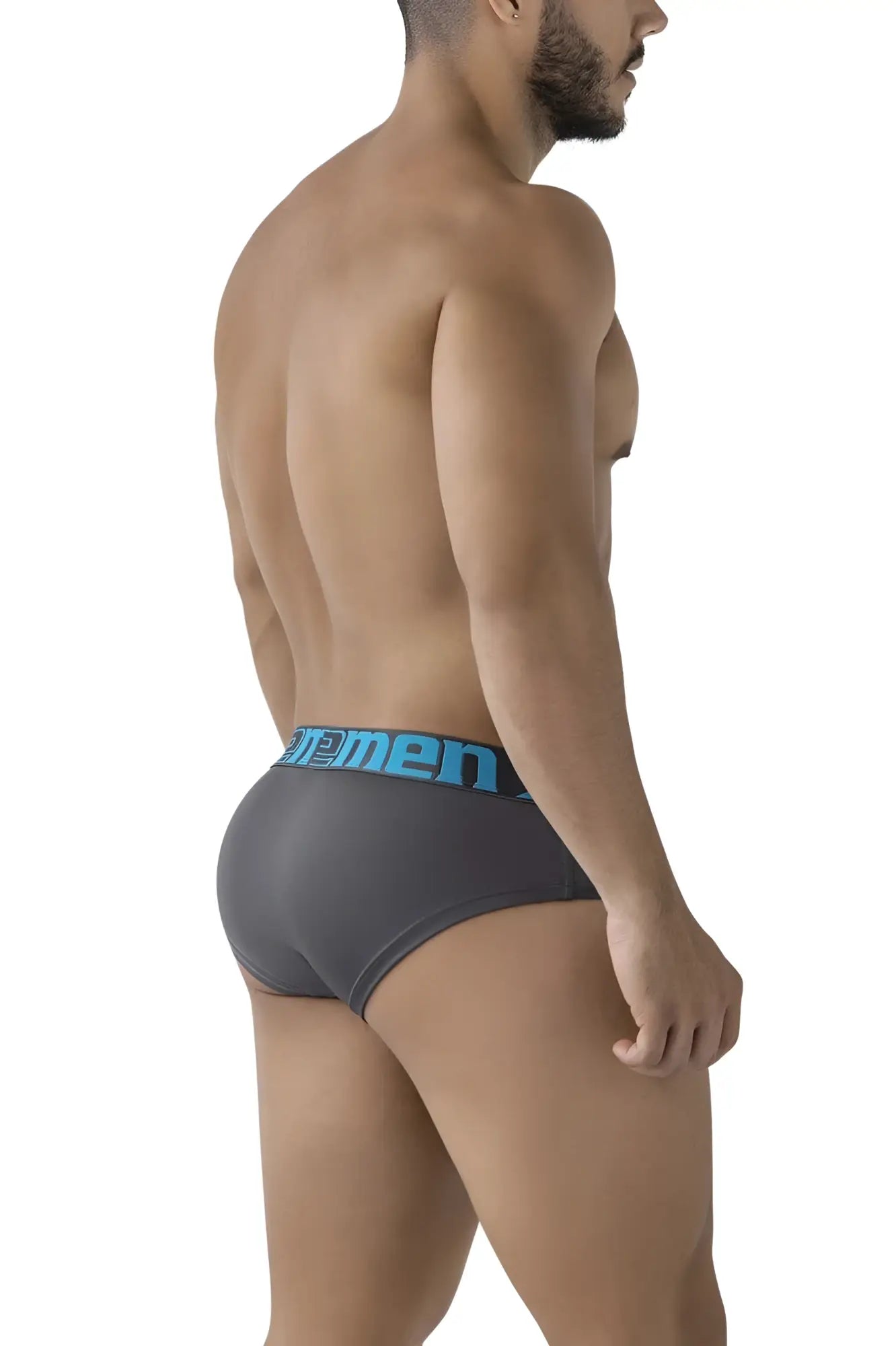 Gray xtremen 41316 microfiber men’s briefs with blue elastic waistband featuring men logo for daily comfort