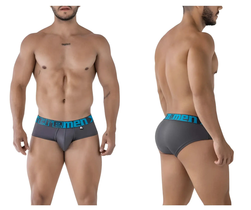 Gray xtremen 41316 microfiber briefs with a teal waistband featuring the extremen logo and brand emblem