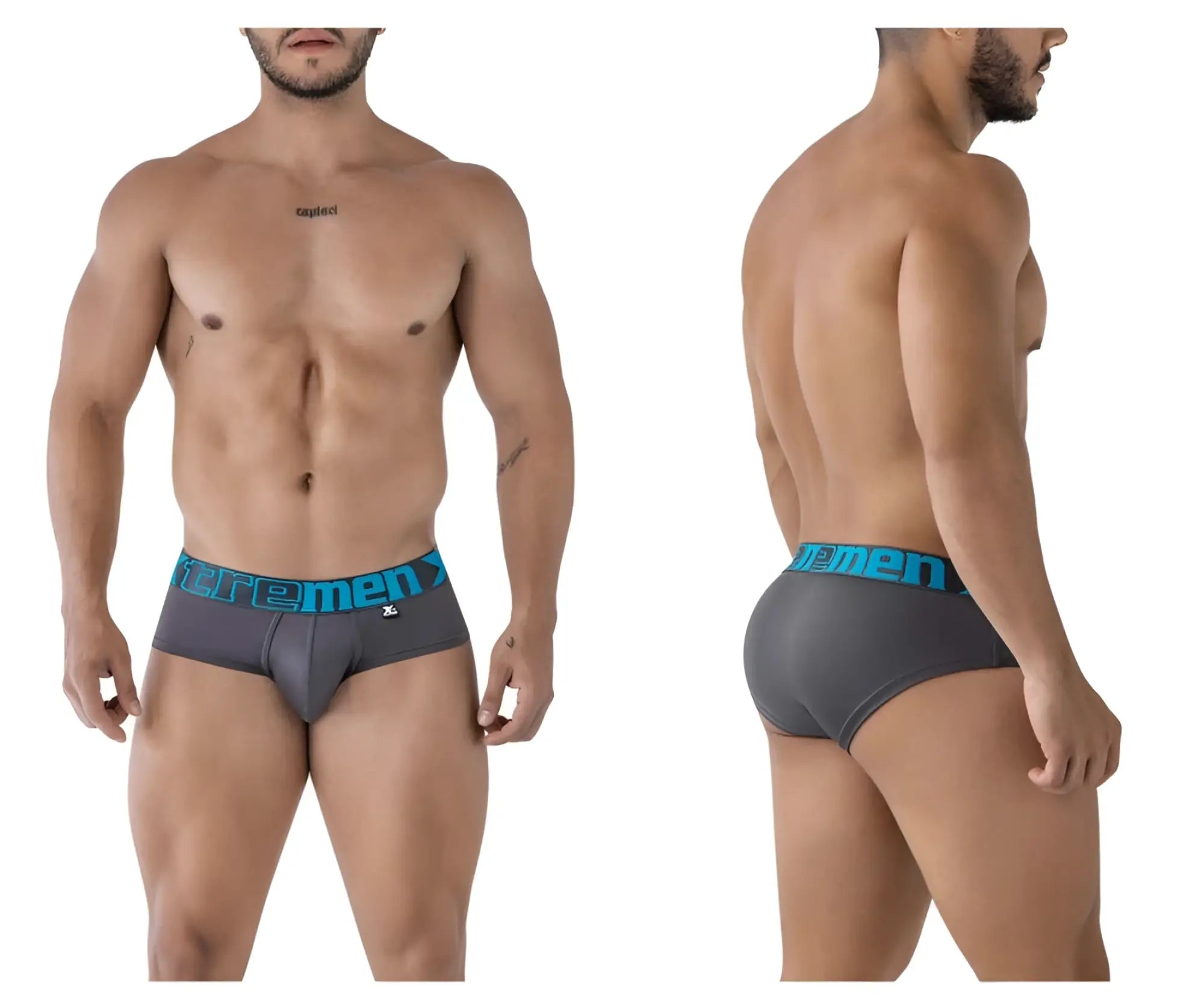 Gray xtremen 41316 microfiber briefs with a teal waistband featuring the extremen logo and brand emblem