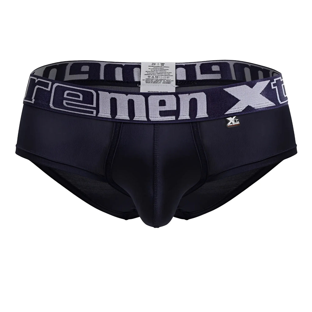 Navy xtremen 41316 microfiber men’s briefs with gray and white xtreme branded waistband front view
