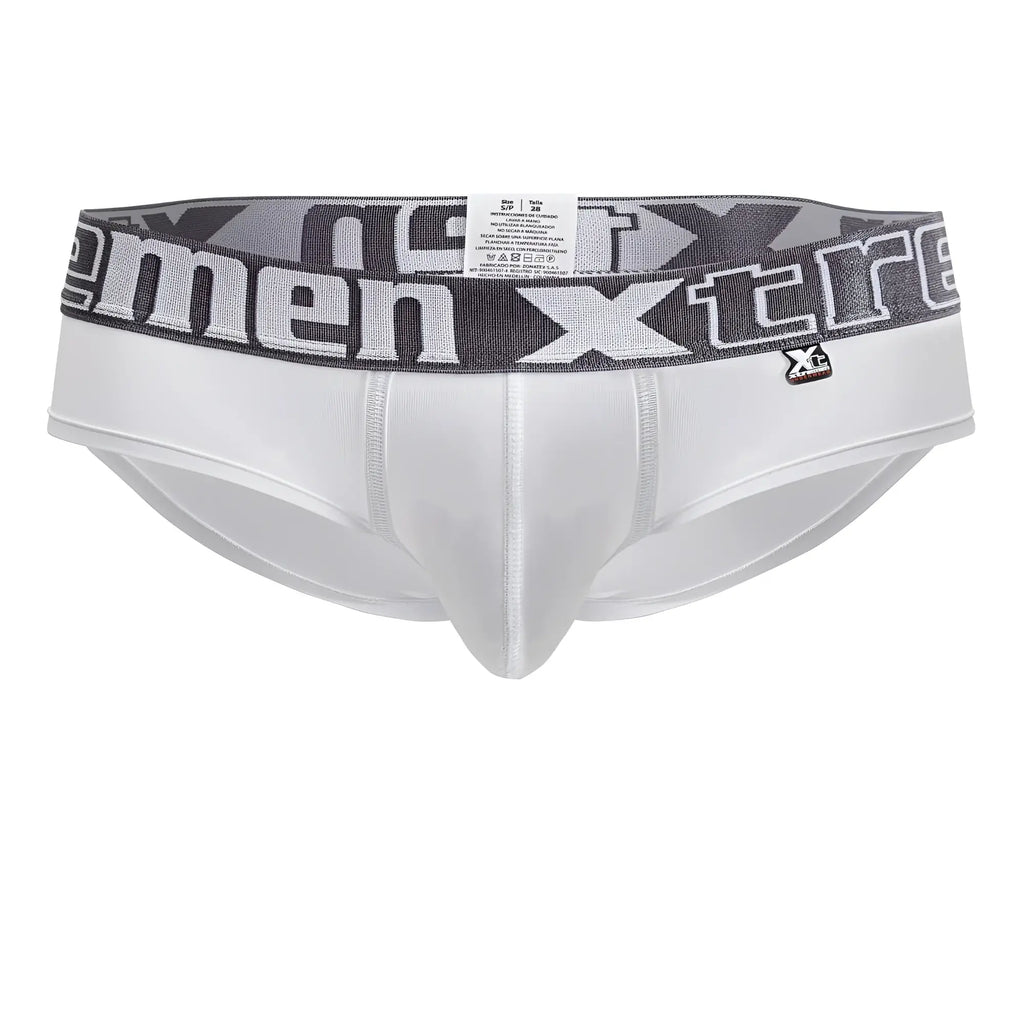 White xtremen 41316 microfiber briefs with gray and black patterned waistband featuring xtreme logo