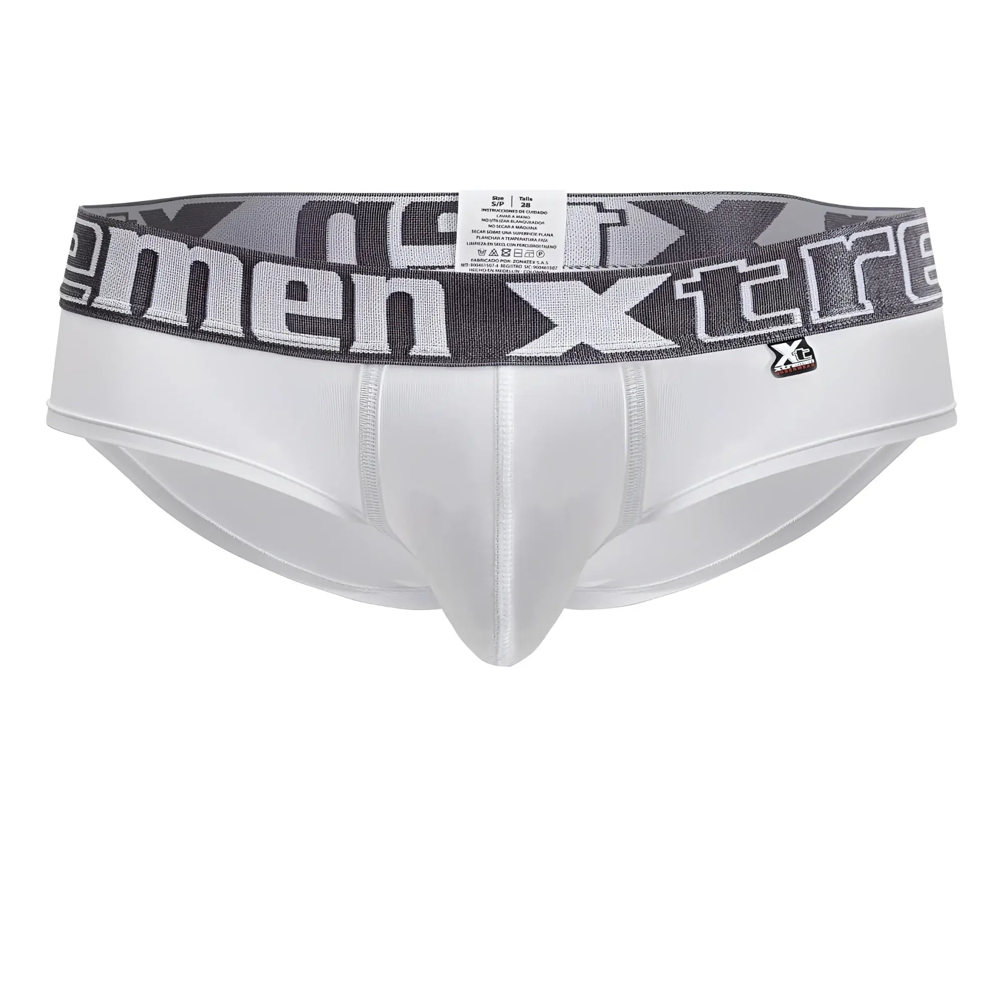 White xtremen 41316 microfiber briefs with gray and black patterned waistband featuring xtreme logo