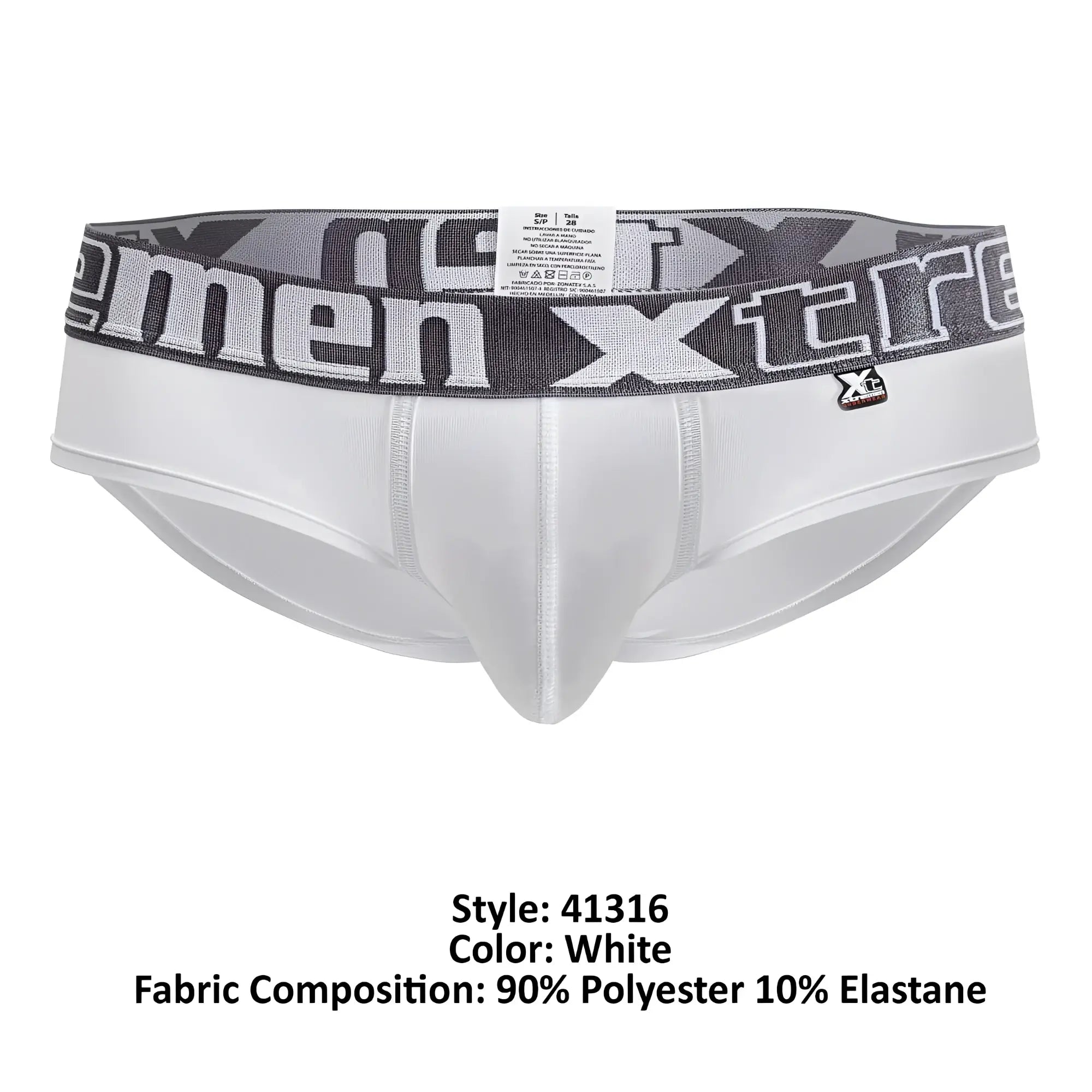 White xtremen 41316 microfiber briefs with gray black patterned xtreme logo waistband made of 90 polyester 10 elastane