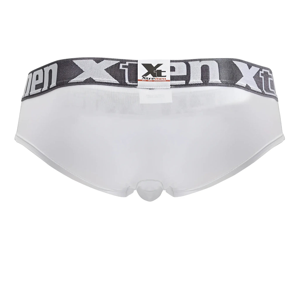 White xtremen 41316 microfiber men’s briefs with gray elastic waistband featuring black and white logo lettering