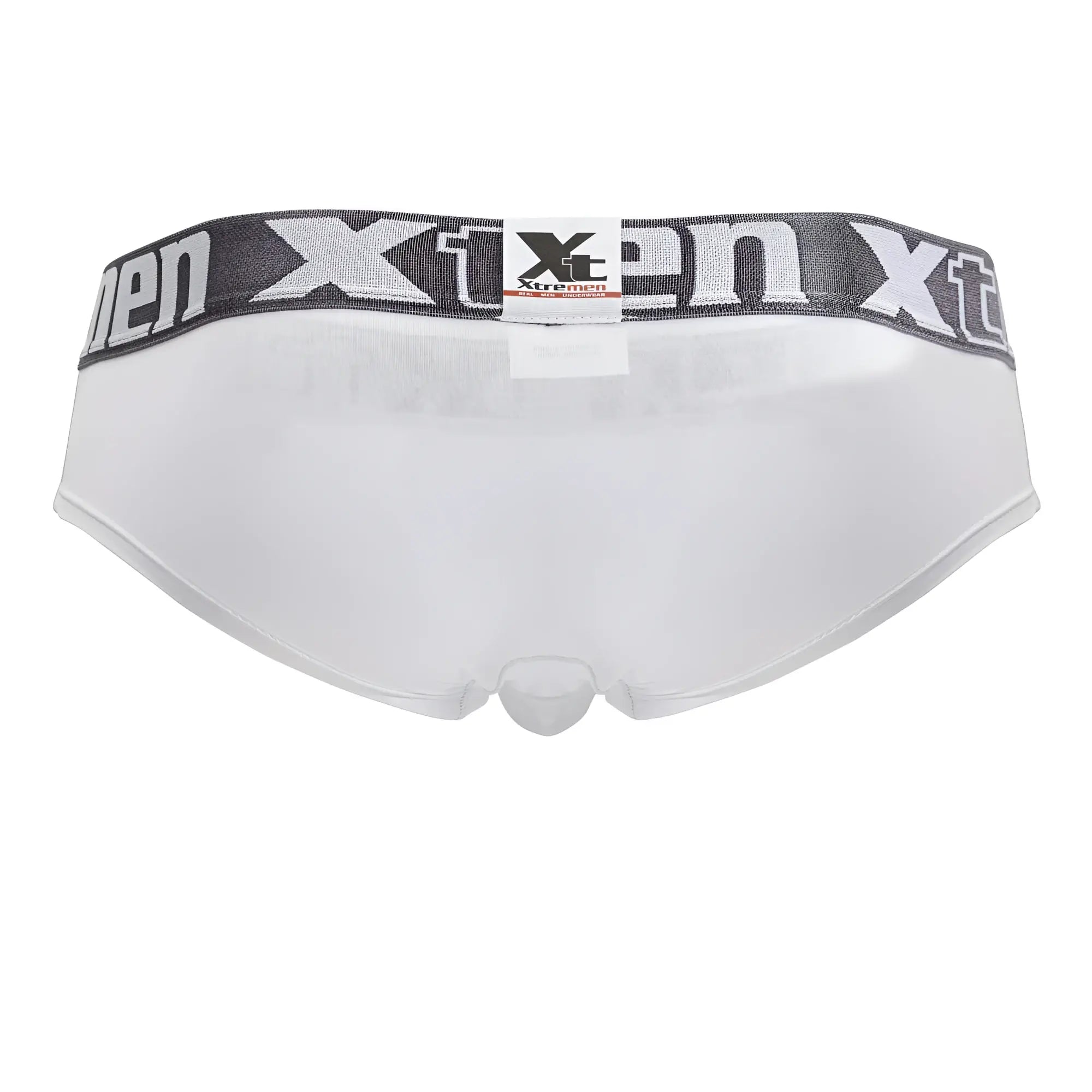 White xtremen 41316 microfiber men’s briefs with gray elastic waistband featuring black and white logo lettering