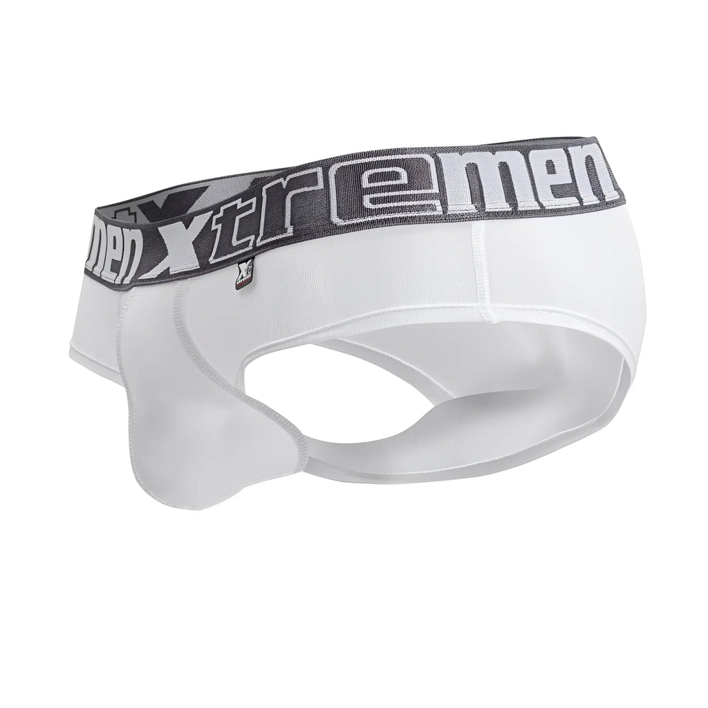 White xtremen 41316 microfiber briefs with a gray elastic waistband featuring bold brand name lettering