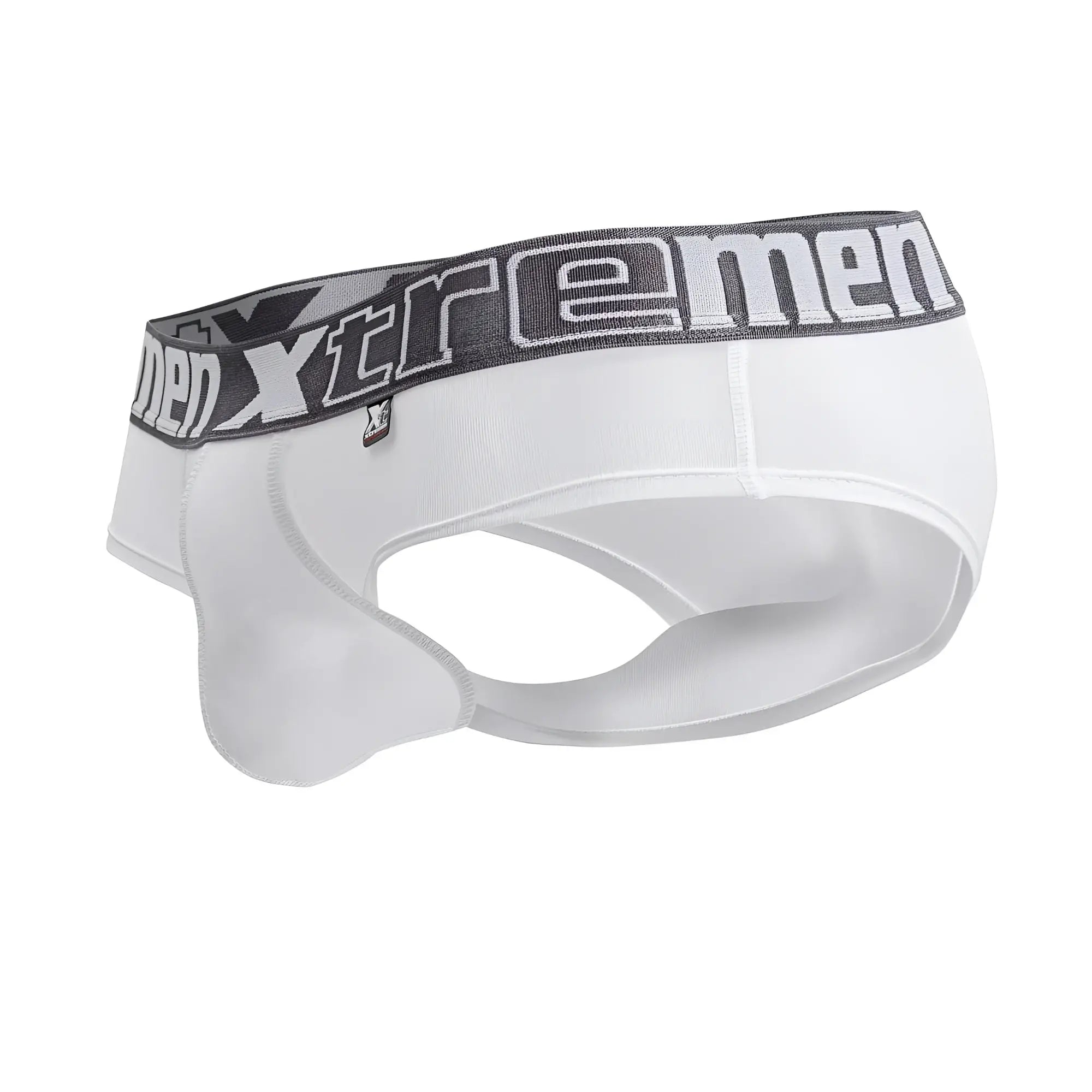 White xtremen 41316 microfiber briefs with a gray elastic waistband featuring bold brand name lettering