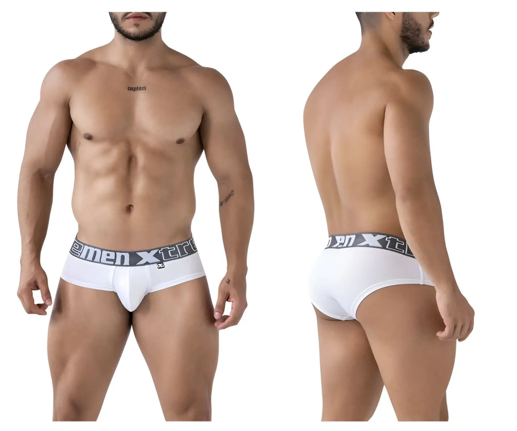 White xtremen 41316 microfiber briefs with gray elastic waistband featuring xtreme logo for men
