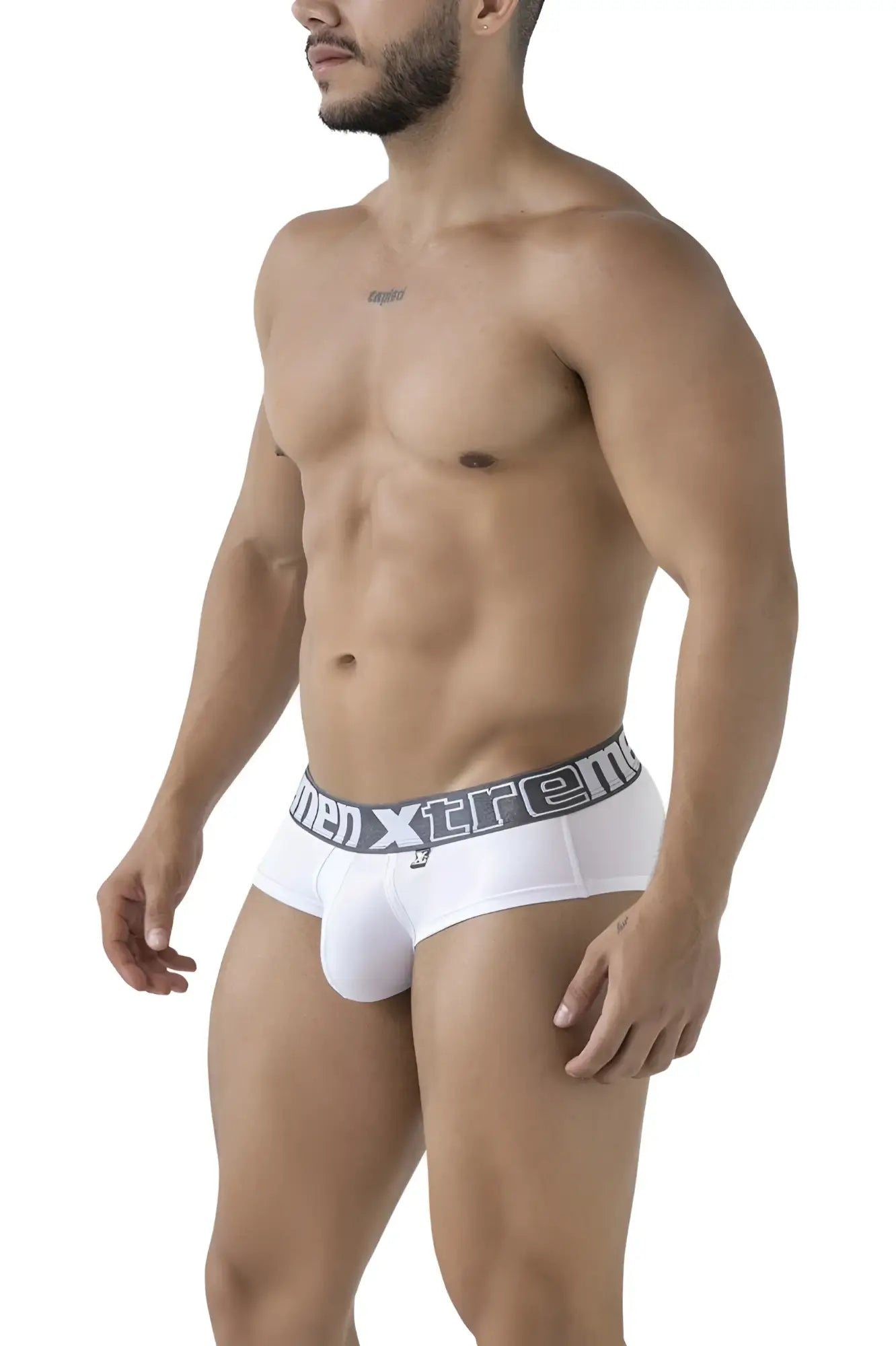 White xtremen 41316 microfiber briefs with gray waistband featuring men xtreme logo in black lettering