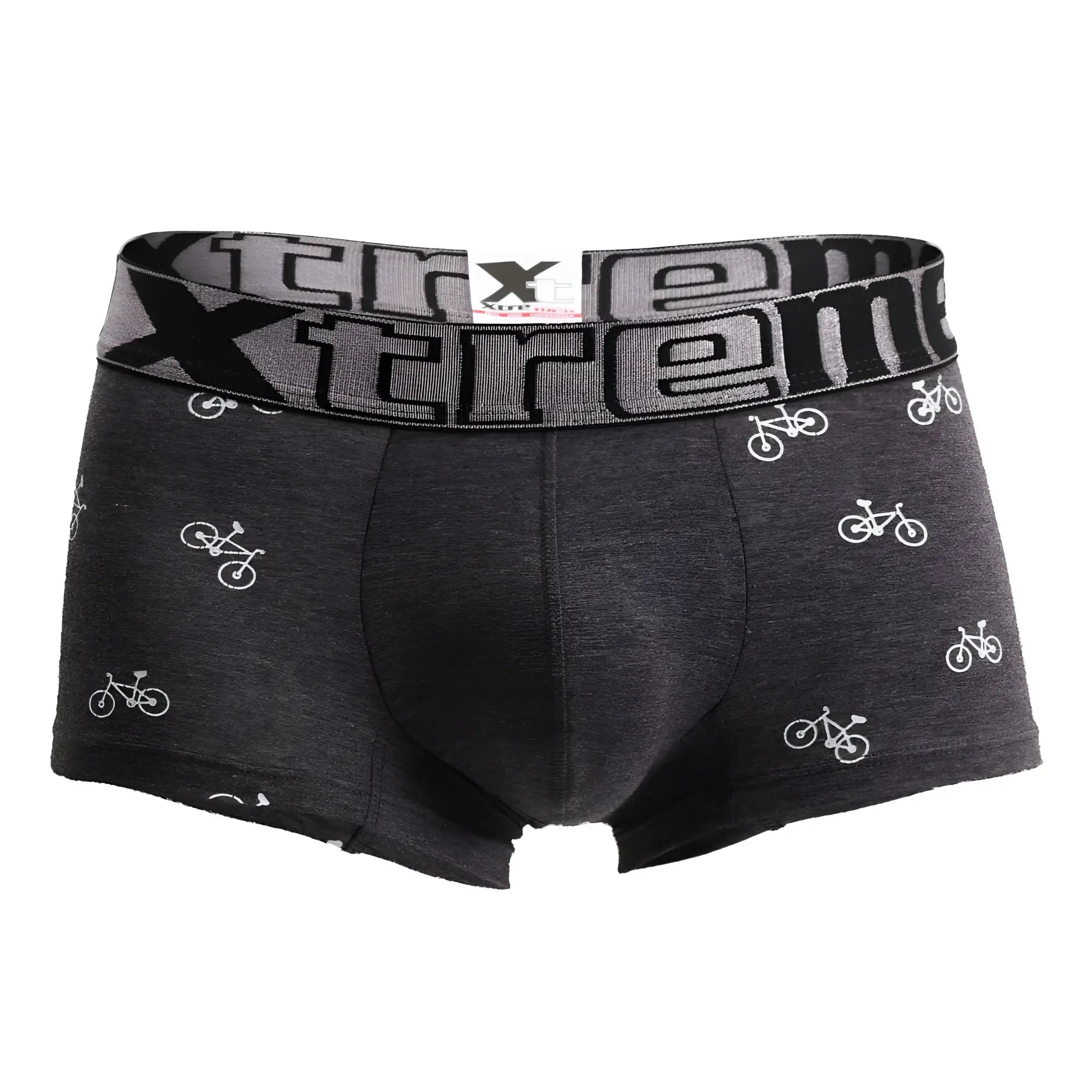 Dark gray xtremen 51437c men’s boxer briefs with white bicycle print and elastic waistband with xtreme branding