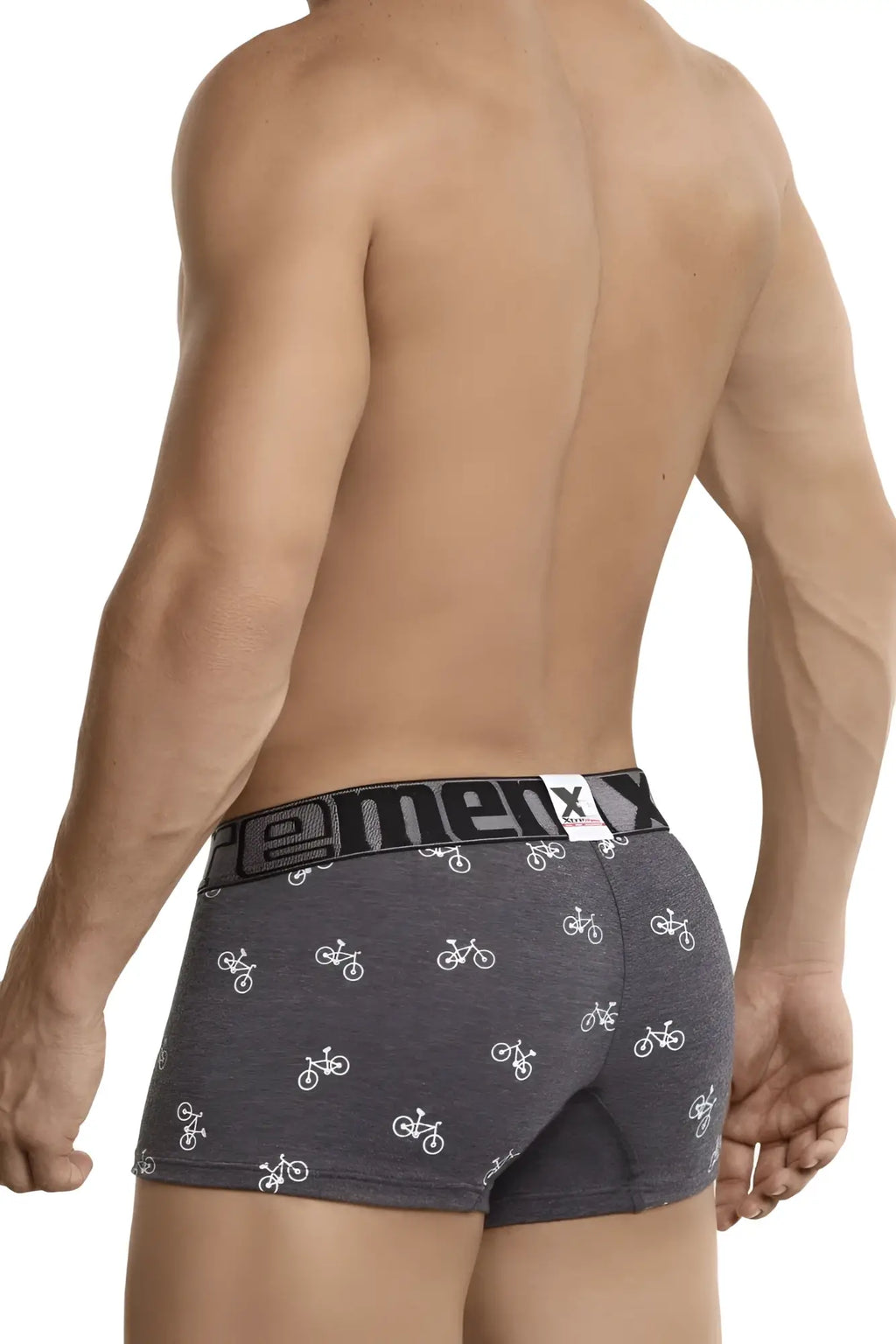 Dark gray xtremen 51437c men’s boxer briefs with white bicycle pattern and black cemex waistband for cycling fans
