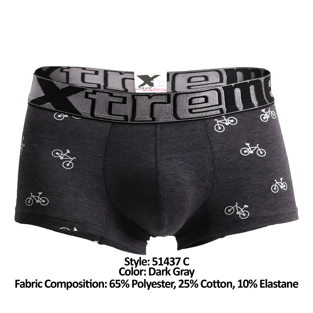 Dark gray xtremen 51437c men’s boxer briefs with white bicycle print and elastic waistband with xtreme logo