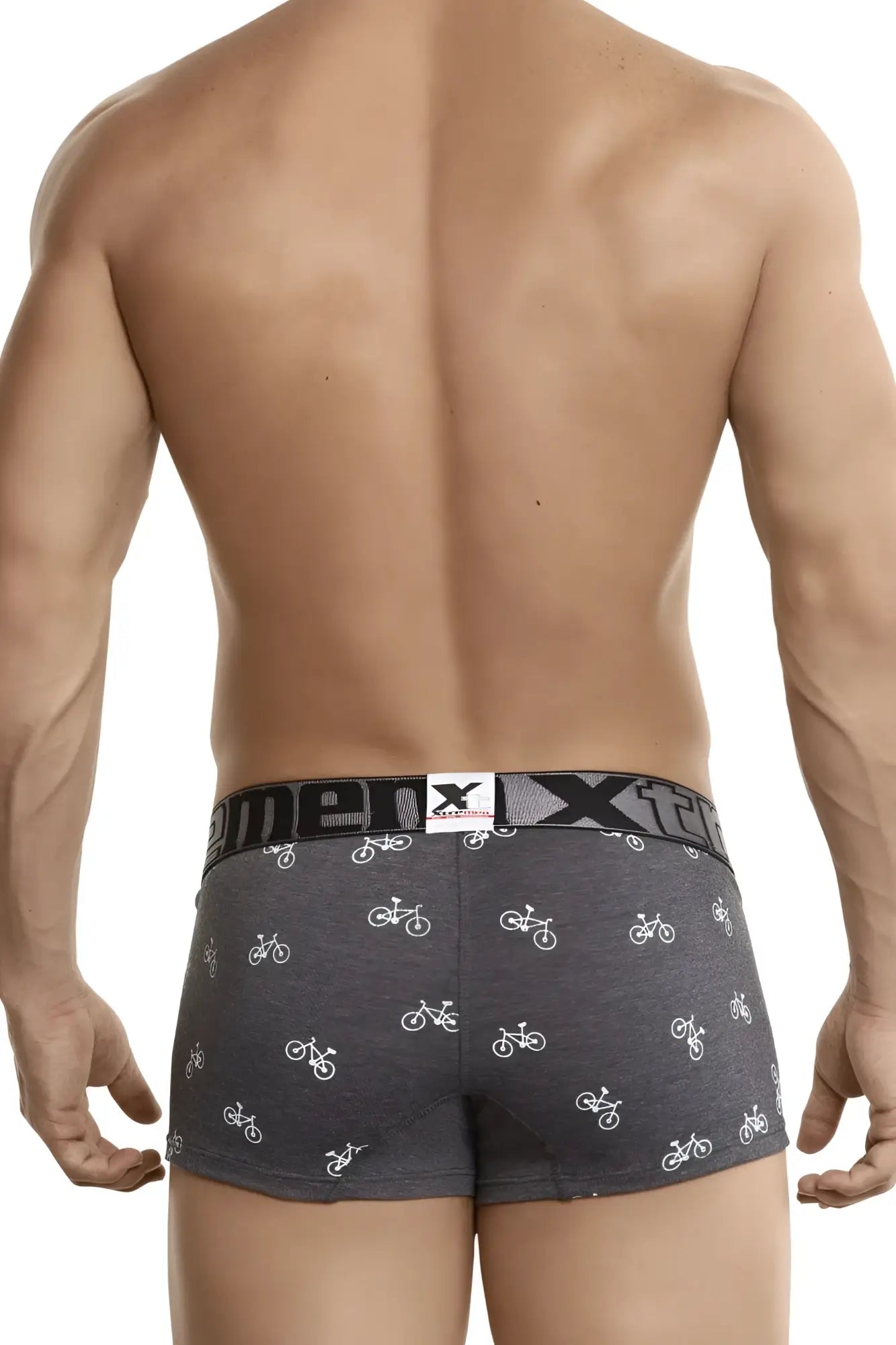 Gray xtremen boxer briefs with white bicycle print and elastic waistband for cycling in dark gray color