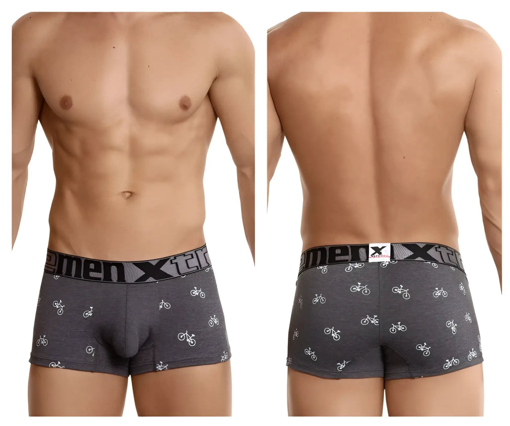 Gray xtremen 51437c cycling print boxer briefs with white bicycle pattern and menx elastic waistband for men