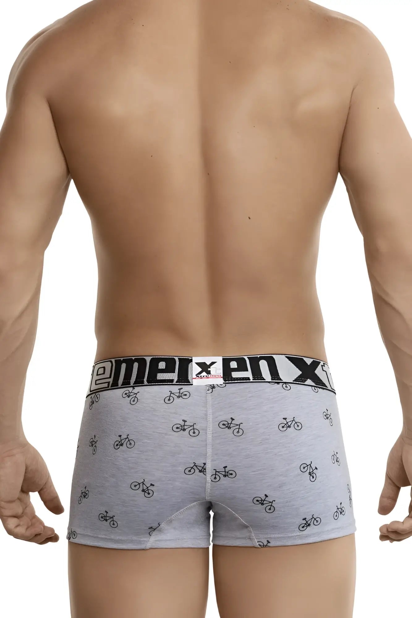 Light gray xtremen 51437c boxer briefs with black bicycle print and branded elastic waistband for cycling use