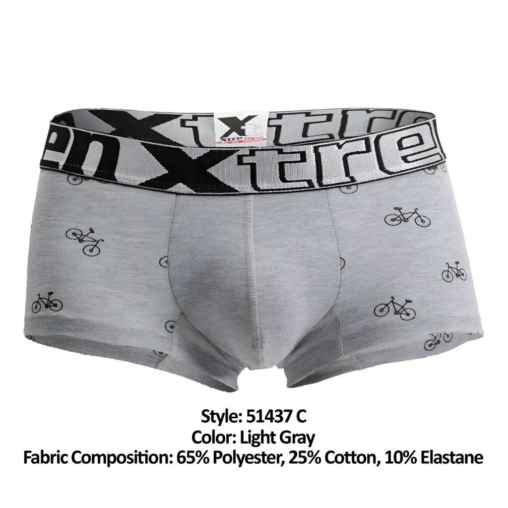 Light gray xtremen 51437c men’s boxer briefs with black bicycle print and elastic waistband logo