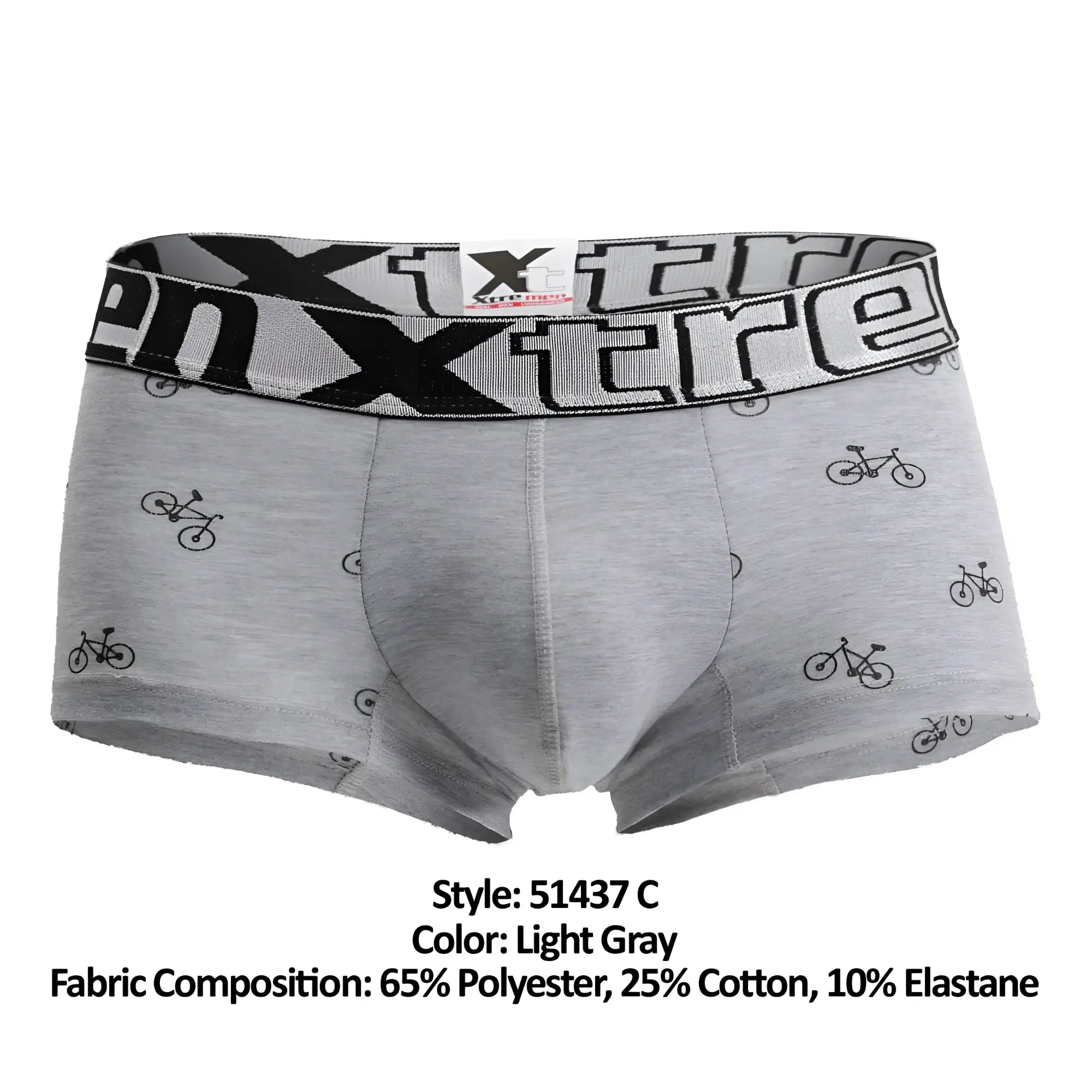 Light gray xtremen 51437c men’s boxer briefs with black bicycle print and elastic waistband logo