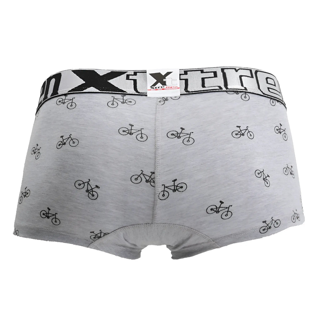 Gray xtremen 51437c cycling print boxer briefs with black bicycle pattern and elastic xtreme waistband in light gray