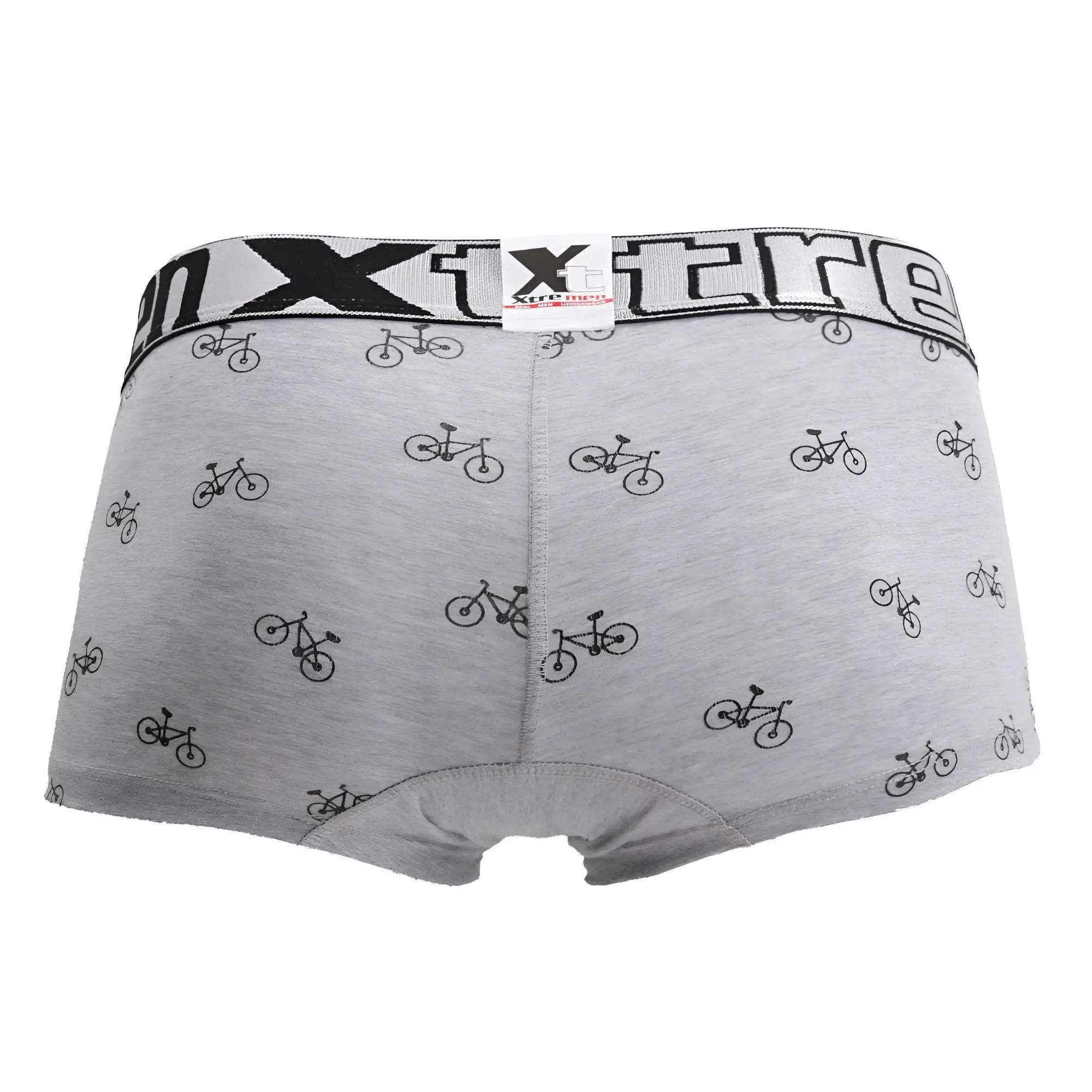 Gray xtremen 51437c cycling print boxer briefs with black bicycle pattern and elastic xtreme waistband in light gray
