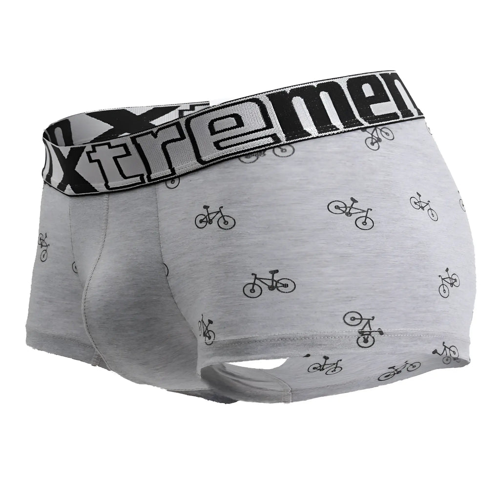 Xtremen 51437C light gray men’s boxer briefs with black bicycle print and elastic waistband with xtrememen logo