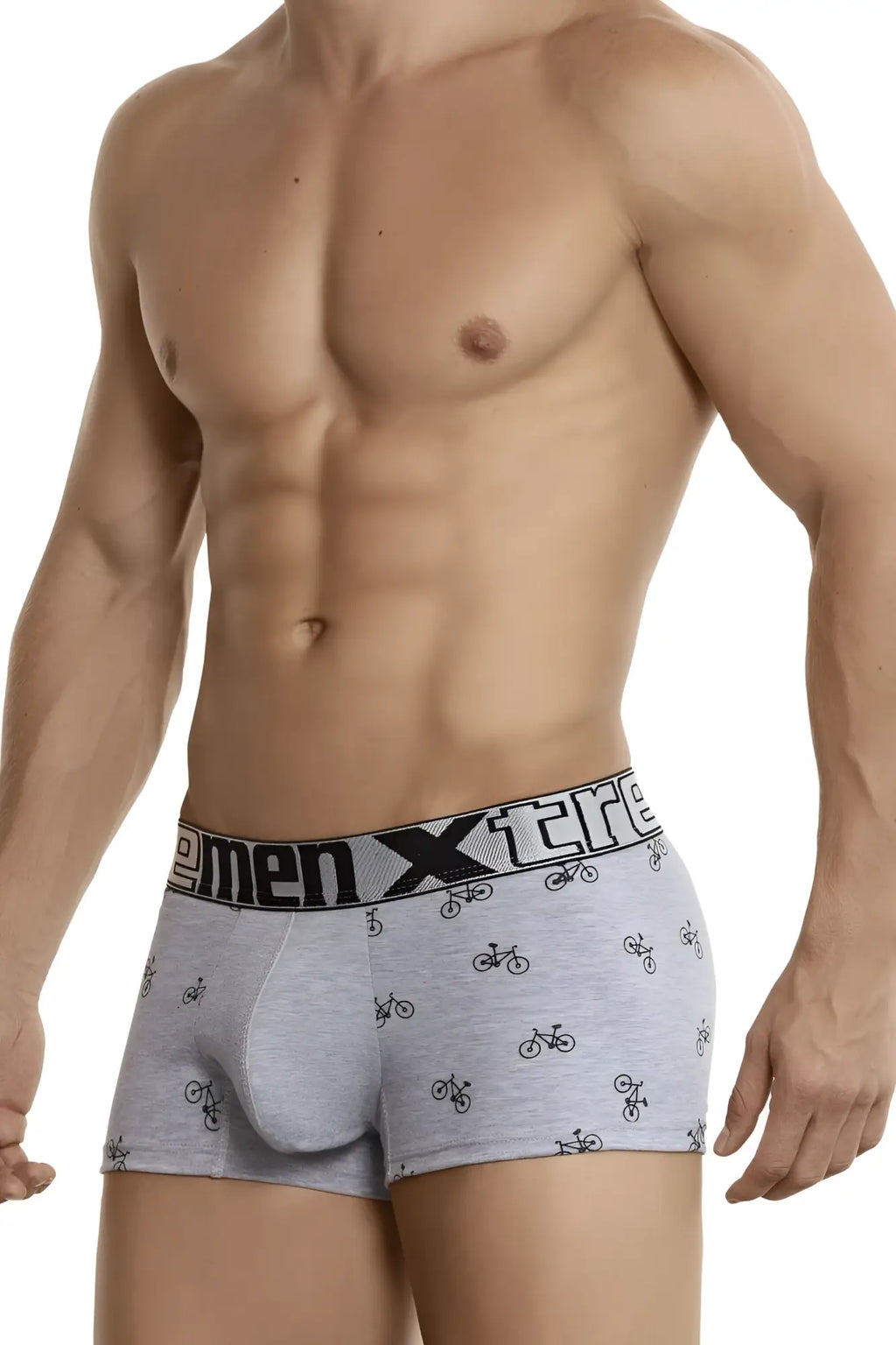 Gray xtremen 51437c men’s boxer briefs with black bicycle print and elastic waistband for cycling comfort