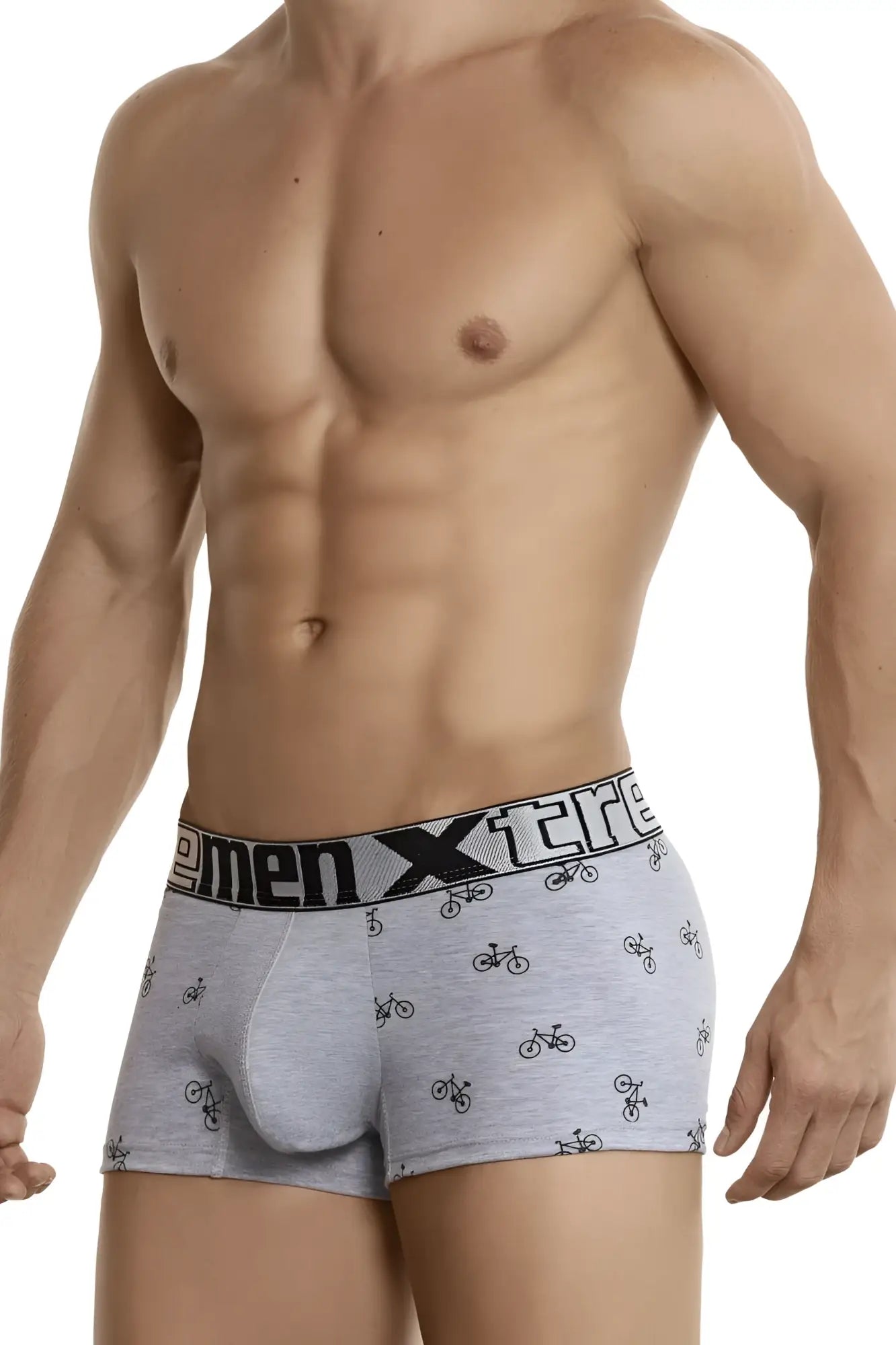 Gray xtremen 51437c men’s boxer briefs with black bicycle print and elastic waistband for cycling comfort