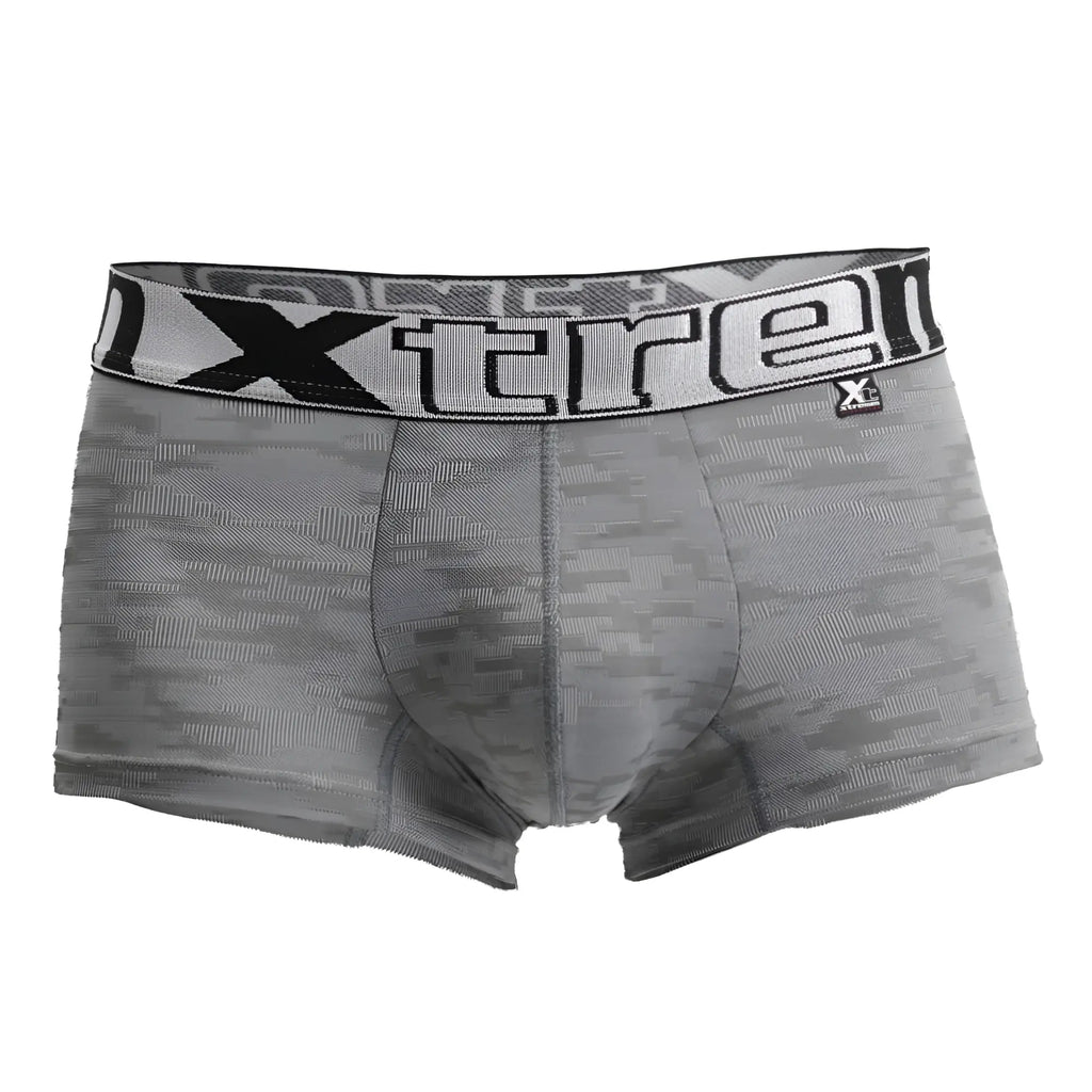 Gray xtremen 51443c jacquard camouflage boxer briefs with a black and white xtreme waistband logo