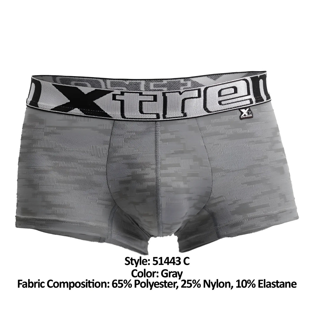 Gray jacquard camouflage boxer briefs with a black and white branded waistband from xtremen 51443c collection