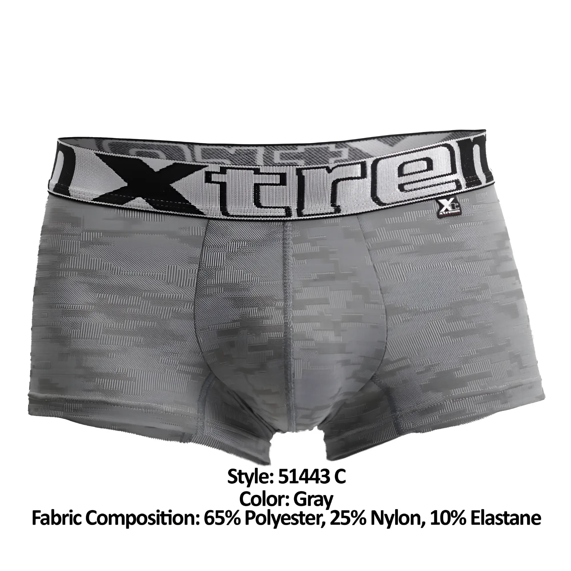 Gray jacquard camouflage boxer briefs with a black and white branded waistband from xtremen 51443c collection