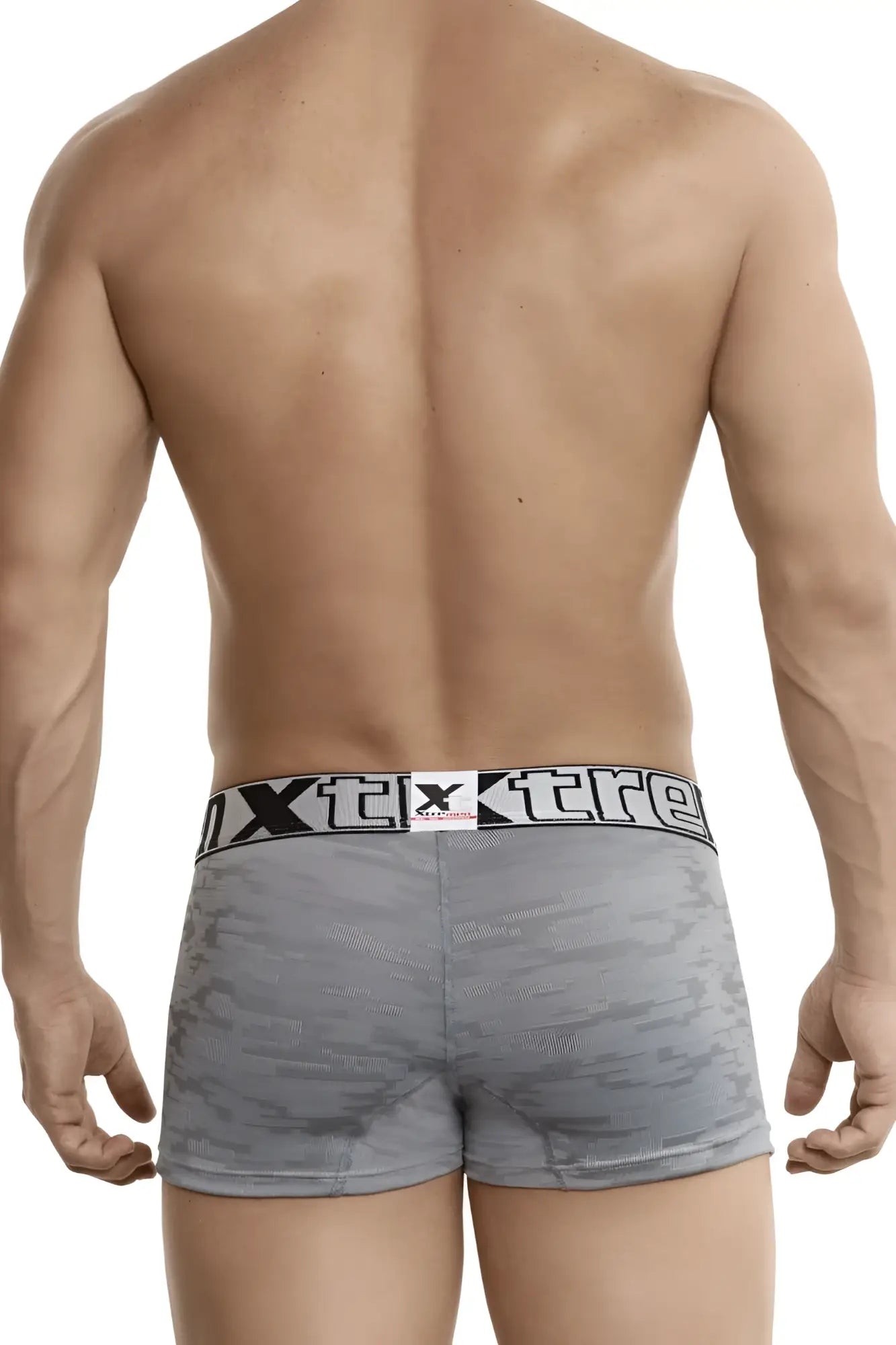 Gray jacquard camouflage men’s boxer briefs with black and white elastic waistband featuring xtreme brand logo