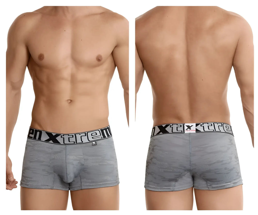 Gray xtremen jacquard camouflage boxer briefs with black elastic waistband and white xtreme branding for men