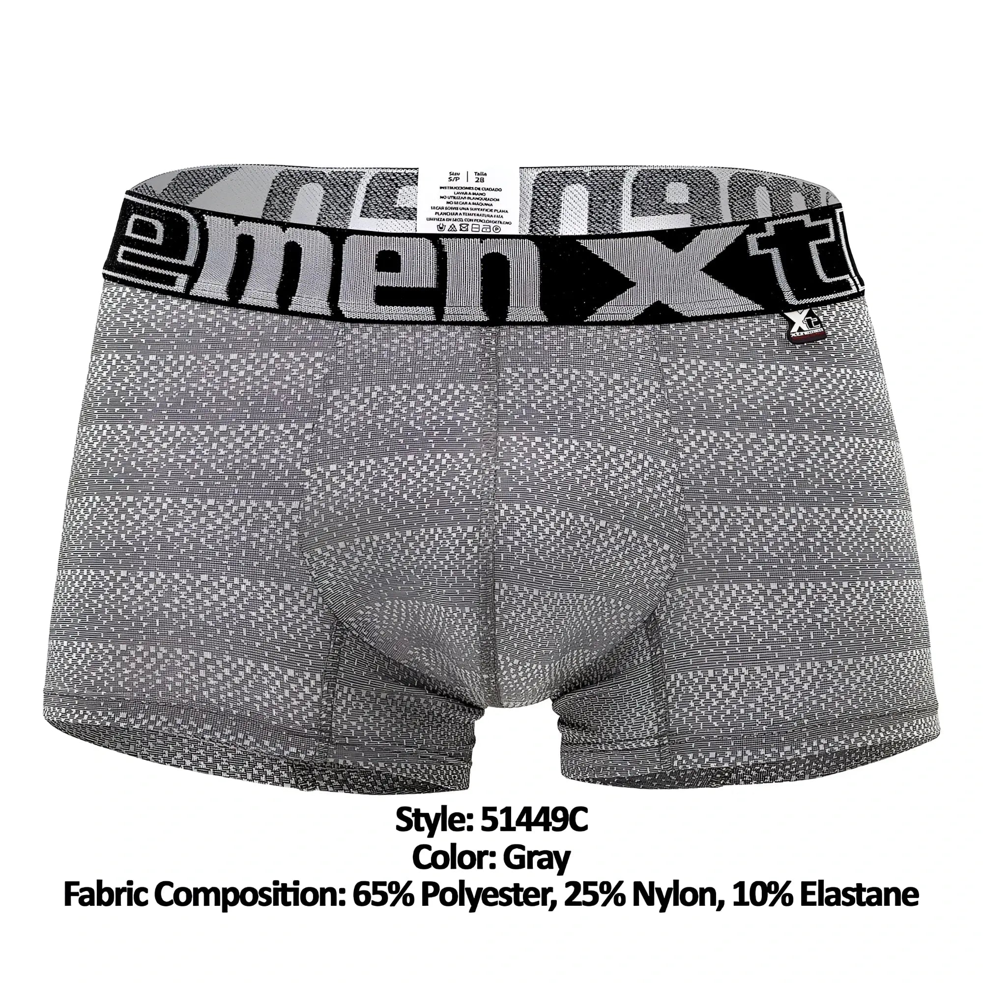 Gray men’s boxer briefs with black and white geometric jacquard waistband featuring menxt logo xtremen 51449c