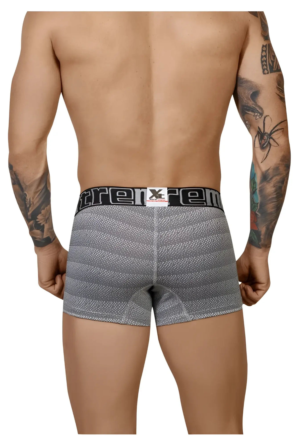 Gray xtremen 51449c geometric jacquard trunk boxer briefs with black elastic waistband and xtreme brand logo