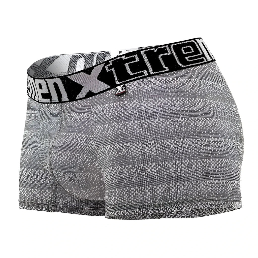 Gray xtremen 51449c geometric jacquard men’s boxer briefs with black waistband and white xtreme logo