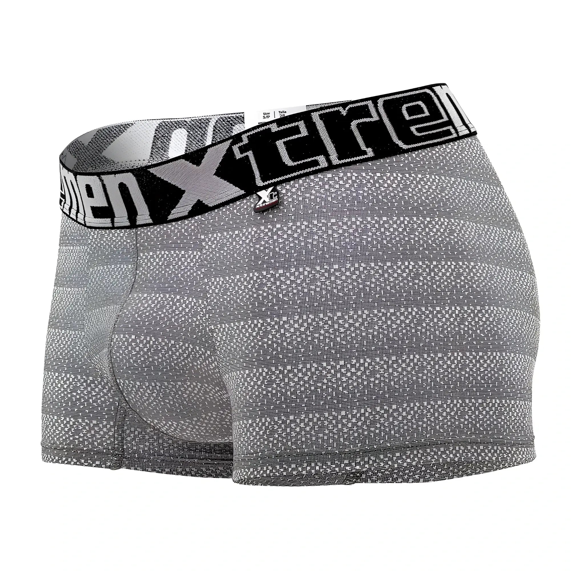 Gray xtremen 51449c geometric jacquard men’s boxer briefs with black waistband and white xtreme logo