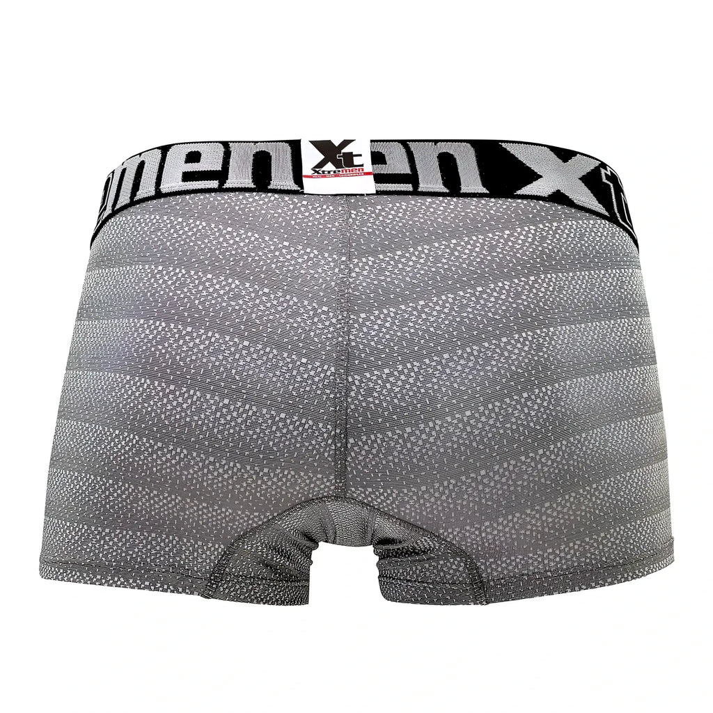 Gray geometric jacquard men’s boxer briefs with a black waistband featuring the x-men logo by xtremen
