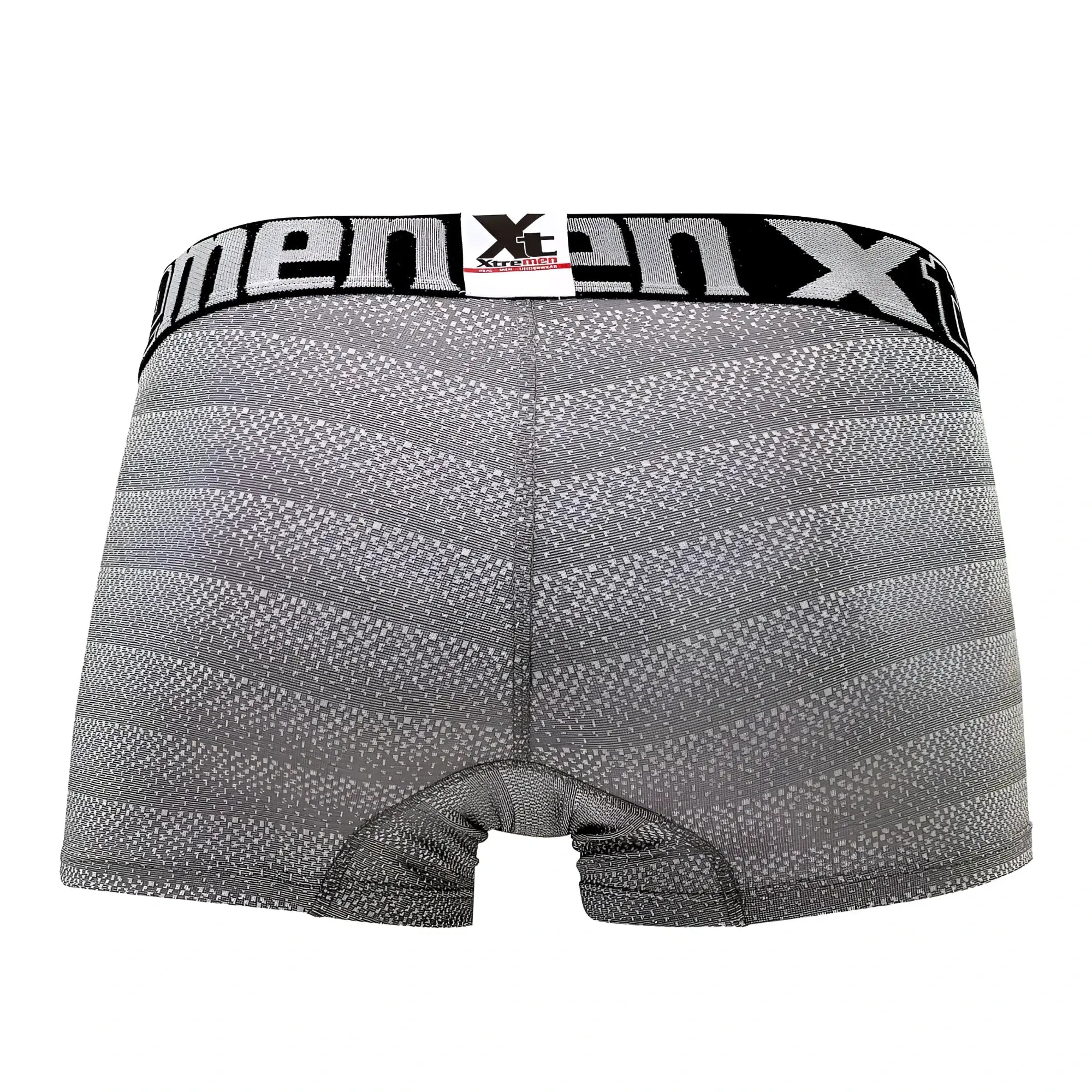 Gray geometric jacquard men’s boxer briefs with a black waistband featuring the x-men logo by xtremen