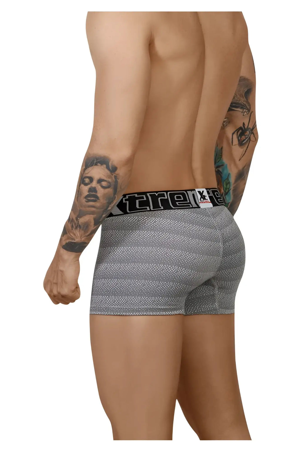 Gray striped boxer briefs with black xtreme logo waistband in geometric jacquard fabric for comfortable wear