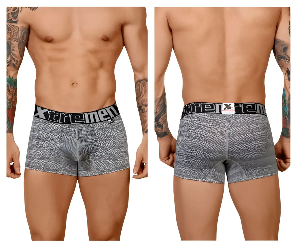 Gray striped men’s boxer briefs with geometric jacquard fabric and black xtremen elastic waistband