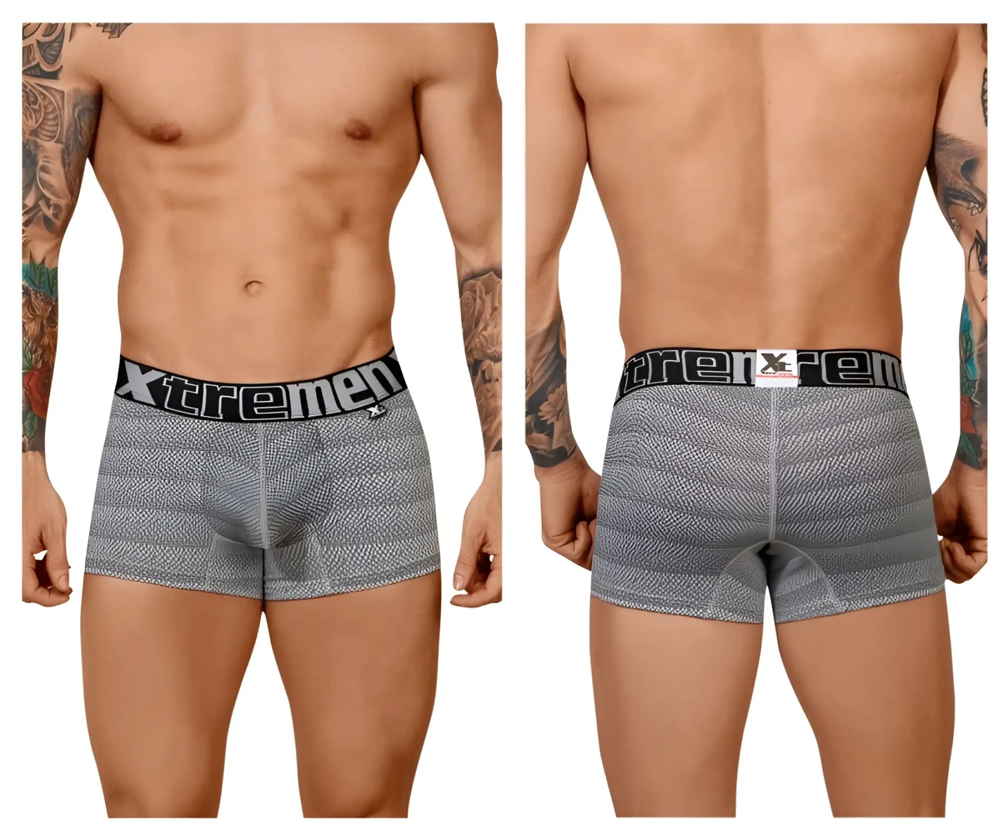 Gray striped men’s boxer briefs with geometric jacquard fabric and black xtremen elastic waistband
