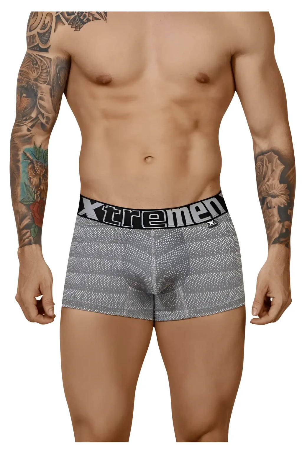 Gray striped men’s boxer briefs with black elastic waistband featuring xtremen brand name geometric jacquard trunk