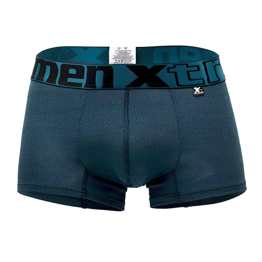 Dark teal menxtreme boxer briefs in geometric jacquard fabric with bold black waistband branding petrol color