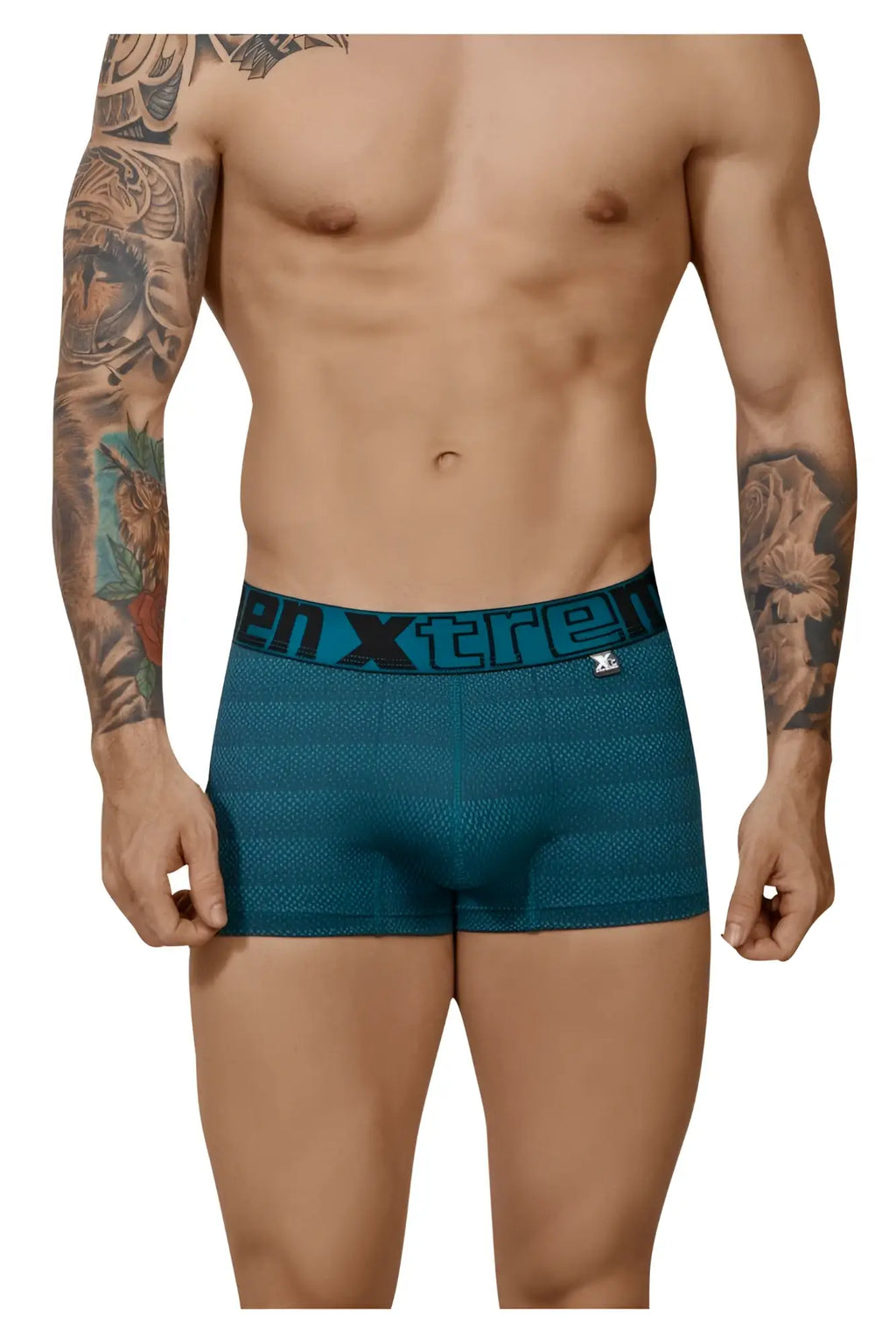 Teal textured boxer briefs with a black elastic xtreme waistband in petrol geometric jacquard fabric