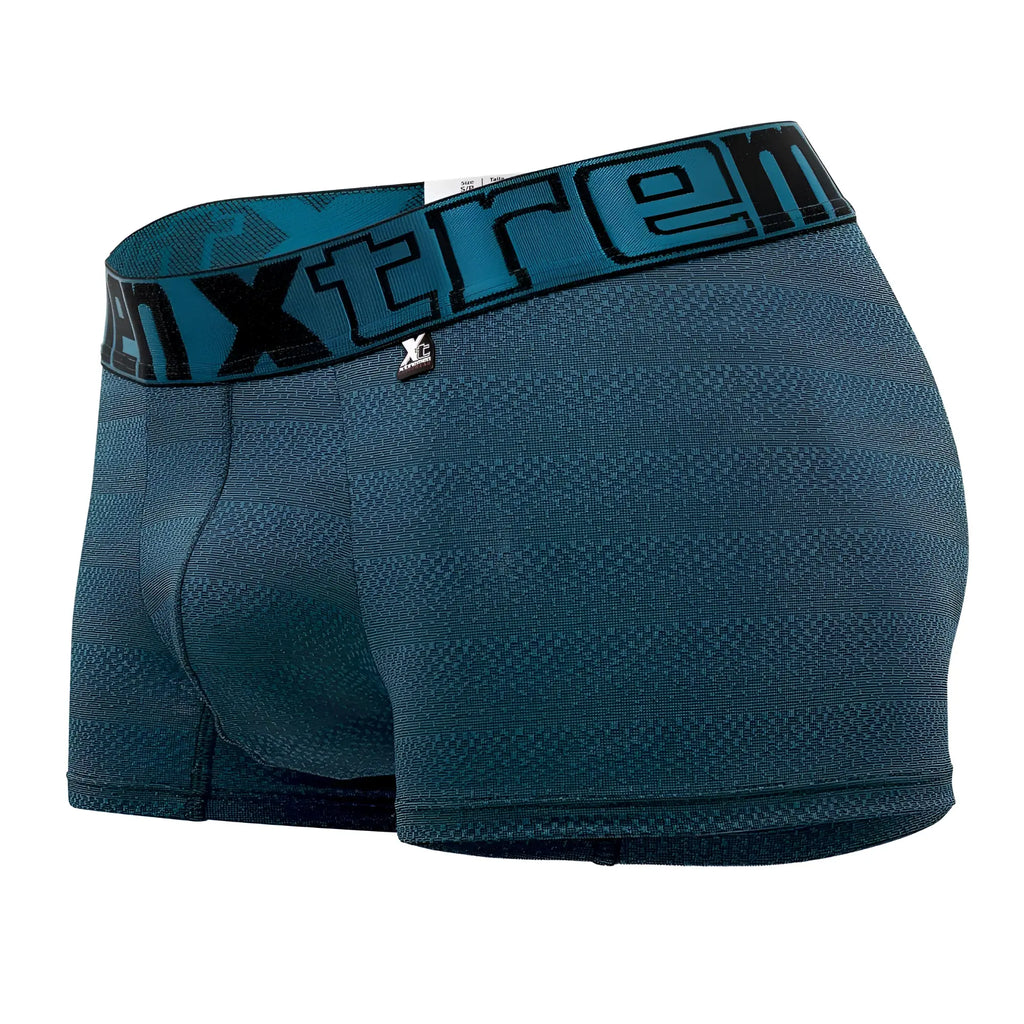Teal textured boxer briefs with geometric jacquard fabric and black teal elastic waistband with xtreme logo