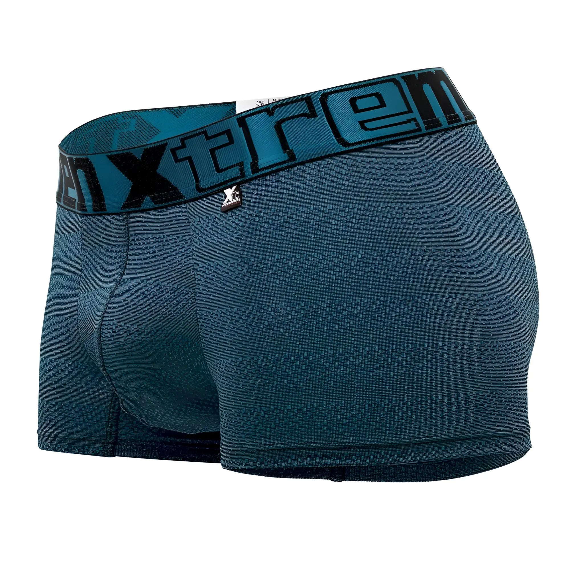 Teal textured boxer briefs with geometric jacquard fabric and black teal elastic waistband with xtreme logo